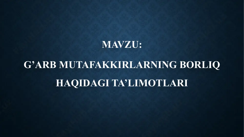 ’llagan). olam va borliq masalalarini falsafaning ana shu sohasi o’rganadi. yo’qlik xech nima demakdir. hamma narsani hech narsaga aylantiruvchi, hamma narsaning ibtidosi ham, intihosi ham yo’qlikdir. bu ma’noda yo’qlik cheksizlik, nihoyasizlik va mangulik bilan birdir. yo’qlik chekingan joyda borliq paydo bo’ladi. demak, borliqning bunyodkori ham, kushandasi ham yo’qlikdir. borliq yo’qlikdan yo’qlikgacha bo’lgan mavjudlikdir. yo’qlikni hech narsa bilan qiyoslab bo’lmaydi. fanda yo’qlik nima, degan savolga javob yo’q. borliq haqidagi konsepsiyalar. tarixdan ma’lumki, faylasuflar borliq haqida turlicha g’oyalarni ilgari surishgan. markaziy osiyo tuprog’ida vujudga kelgan zardushtiylik ta’limotida borliq quyosh va olovning hosilasidir, alangalanib turgan olov borliqning asosiy mohiyatini tashkil etadi, deb hisoblangan. chunki bu g’oya bo’yicha, har qanday o’zgarish va harakatning asosida olov yotadi va u borliqqa mavjudlik bahsh etadi. e'tiboringiz uchun rahmat image2.png image3.png image4.png image5.jpeg image6.jpeg image7.jpeg image8.png image9.jpeg image10.jpeg /docprops/thumbnail.jpeg