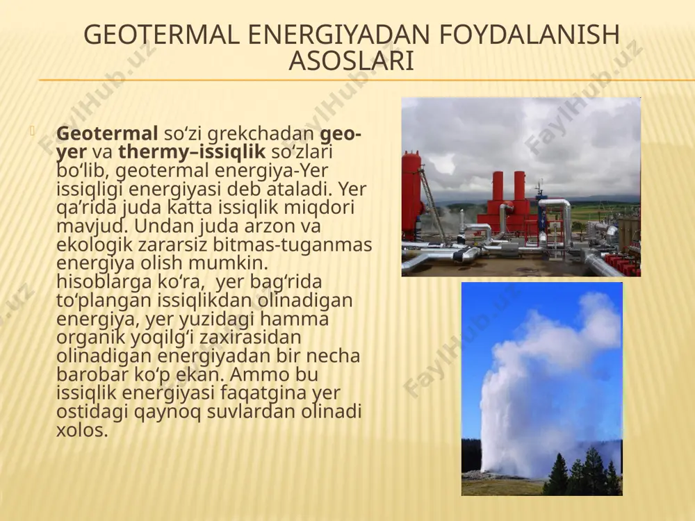 nani ishlaydi. qolgan suyuqlik ham foydali bo'lishi mumkin. odatda u boshqa evaporatatordan o'tadi va qo'shimcha quvvat oladi geotermal elektr stansiyalar birinchi geotermal elektr stantsiyasi laradello geotermal elektr stansiyasi-1904 yil dunyodagi eng katta geotermal elektrostansiya the geysers – eng katta geotermal energiya to‘plangan joy, aqshning kaliforniya shtatidan 116 km uzoqlikda joylashgan. bu yerda joylashgan 18 dona geotermal elektrostansiyalar 2000 mvt quvvat ishlab chiqaradi geotermal elektrostansiyalar joylashgan hudud 78 km2 ni tashkil qiladi. ishlab chiqarilayotgan elektroenergiya kaliforniya shtatining janubida joylashgani iste’molchilarning 60% ehtiyojini qoplaydi texnik-iqtisodiy qism jarayon va texnologiya holati - 2016 yil oxiriga kelib global geotermal energiya quvvati jami 12,7 gigavattni (gvt) tashkil etdi, yillik elektr energiyasi 2015 yilda 80,9 terawatt-soatga (tvt) yetdi (eng so'nggi ma'lumotlar), bu global elektr energiyasi ishlab chiqarishning taxminan 0,3% ni tashkil etdi. (irena, 2017). 20 xarajatlar - geotermal elektr stantsiyalari uchun odatiy xarajatlar kilovatt (kw) uchun 1 870 aqsh dollaridan 5 050 aqsh dollarigacha o'zgarib turadi, …