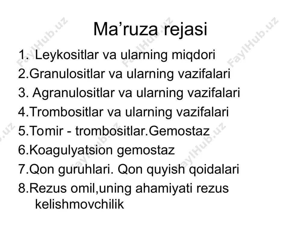 a javobgar hujayralar bo’lib antigenlarga qarshi antitela ishlab chiqaradi. antitela ishlab chiqarish uchun b -limfotsit plazmatik hujayraga aylanadi. turlari: b –killerlar -t killerlar kabi vazifalarni bajaradi; b-xelperlar esa antigenlarni tanishtiradi; b-supressorlar – antitela ishlab chiqaruvchi b limfotsitlar proliferatsiyasini tormozlaydi. тромбоциты бесцветные тельца округлой, овальной формы размером 2-4 мкм количество в крови 180-320 тыс. в 1 мкл. представляют собой безъядерные фрагменты цитоплазмы, отделившиеся от мегакариоцитов сдержат специальные гранулы: фактор пластинок 4,ф. виллебранда, тромбопластин, фибронектин идр. тромбоциты гемостаз сосудисто - тромбоцитарный (микроциркуляторный , первичный) коагуляционный (вторичный) сосудисто-тромбоцитарный гемостаз остановка кровотечения из мелких сосудов с низким ад факторы: тромбоцитарные: фактор виллебранда пластинчатый фактор 3 антигепариновый фактор iv фактор v; b-тромбоглобулин; плазменные: i ф – фибриноген, ii ф – протромбин iiiф – тканевой тромбопластин trombotsitar faktorlar: p1-globulin trombotsitar akseleratori. р2-trombin akseleratori. р3-trombpolastin faktori. р4-antigeparin faktori. р5-trombotsit fibrinogeni. р6-trombostenin. р7-antifibrinolitik faktor. р8-fibrin aktivatori. р9-fibrinni stabillovchi faktor. р10-vazokonstriktor faktorlar –seratonin. р11-адф- agregatsiya endogen faktori. tomir –trombotsitar …