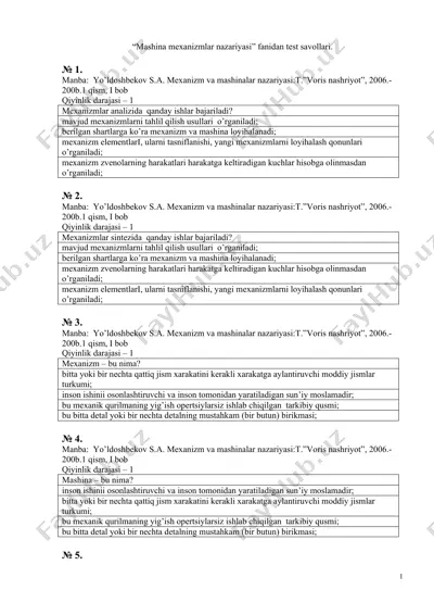 "mashina mexanizmlar nazariyasi" fanidan test savollari — DOCX