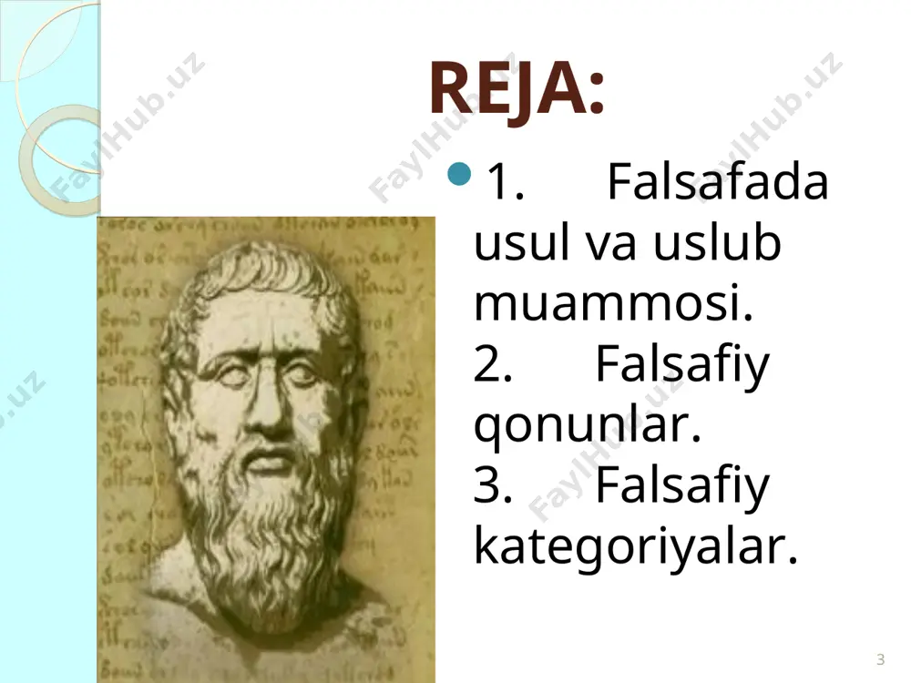 i bo’lib, arastu ta’riflab bergan. u o’zining «kategoriyalar» degan asarida ularni ob’ektiv voqelikning umumlashgan in’kosi sifatida qarab, turkumlashtirishga harakat qilgan. xususan, uningcha quyidagi kategoriyalar mavjud: «mohiyat» (substantsiya), «miqdor», «sifat», «munosabat», «o’rin», «vaqt», «holat», «mavqe», «harakat», «azob-uqubat». bu turkumlashtirish, o’z vaqtida ilmiy bilishda juda katta ahamiyatga ega bo’lgan. keyinchalik arastu «metafizika» asarida «mohiyat», «holat» va «munosabat» kategoriyalarini ham izohlagan. www.arxiv.uz www.arxiv.uz falsafa fanining kategoriyalari haqidagi turli qarashlarni umumlashtirib aytganda, ularning mantiqiy tushunchalar sifatidagi quyidagi tavsiflari bor: 1) ob’ektiv voqelikning in’ikosi; 2) narsa va hodisalarning o’zaro bog’lanish va aloqadorligini mantiqiy umumlashtiruvchi bilish usuli; 3) narsa va hodisalarning rivojlanishi bilan o’zgarib turuvchi mantiqiy tushuncha; 4) borliqning mavjudligidan kelib chiqadigan tarixiy — mantiqiy bilish darajalaridan biri. ko’pchilik mutaxassislar kategoriyalar olam, undagi narsa va voqealar, ularning asosiy va takrorlanib turuvchi aloqadorligini ifodalaydigan keng mazmundagi tushunchalardir, degan fikrga qo’shiladilar. bu ma’noda borliq, voqelik, harakat, makon, zamon, miqdor, sifat va boshqalar falsafaning ana shunday kategoriyalaridir. www.arxiv.uz www.arxiv.uz …