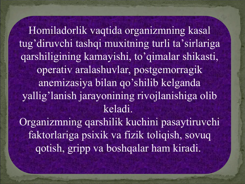 liq yiringli, ajralma kelib turadi. o’rtacha o’tkir yoki surunkali bosqichlarga o’tganda qizarish va shish kamayadi, alralma shilliq yiringli, keyinchalik shilliqli bo’ladi. endoservitsit ko’pincha eroziya bilan qo’shilib keladi. diagnostika antibyotiklar: ketonal rektal shamchalar siteal va 2 % li iliq soda eritmasi bilan chayiladi. fizioterapevtik muolajalar kaliy yodid bilan elektroforez qilinadi. o’tkir davrida: yotoq tartibi antibyotiklar nosteroid yallig’lanishga qarshi priparatlar. desensabilazatsiyalovchi praparatlar davolash: umumiy quvvqtlantiruvchi preparatlar. surunkali davrida: vitaminoerapiya desesibilizatsiya qiladigan preparatlar fizioterapevtik muolajalar. tug`ish biomexanizimini patalogik kechishi: 1-xomila boshining orqa ko`rinishida ensa qismi bilan kelishi. tug`ishning 1-davri: xomila boshini bukilib kelishi (obkash qonuni) bo`yicha belgilanadi.(bachadon tubi muskullari qisqarishi natijasida vujudga kelgan bosim xomila orqa umurtqasi bo`ylab borish, boshini kichik chanoq tomon yo`naltiradi.xomila boshining bukilishining natijasida, bosh dumaloq bo`lib, chanoq ichining dumaloq shakl;iga moslashib oladi. xomila boshining o`lchovlari qanchalik katta, chanoq o`lchovlari qancha kichik bo`lsa, xomila boshi shunchalik ko`proq bukiladi. 2-davr xomila boshini kichik chanoq ichida aylanishidan iborat. xomila boshi kichik chanoq …