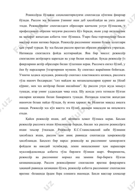 фикрларини режиссёрга етказишнинг намуна ва тушунарли шаклидир. чоршанбиев х. “сабъаи сайёр”а.навоий. ( макет, диплом иши) макет усулини амалий жиҳатдан қулай ва мақсадли масштаби 1:50 (1метр-2см) ўлчамда қўллаш маъқулдир. бундай кичик макетда аввал спектакл образини аниқлаш жараёнида чизилган жиҳозлар, сўнгра спектаклда қўлланиладиган техника ва ҳатто рангли ечимлар кўрсатилиши мумкин. макетни картондан ва кичик ёғоч бўлакларидан ясаш мақсадга мувофиқдир. жисмларни кичик макетга киритиб, ҳар бир саҳнани қўлда ўзгартирган ҳолда кузатиб чиқилади. саҳна безаклари ва зарур анжомларнинг ўрнатилиш оралиқлари ҳам масштабда циркул ёрдамида аниқланади ва саҳнада метр ўлчами орқали жойлаштирилади. режиссёрлар кўп ҳолатларда макетни хуш кўришади, чунки эскизга қараганда саҳналар ўзгариши макетларда ёрқин ифода бўла олади (кейинги вақтларда муаллиф спектакл ечимини асосан макетларда ифода этмоқда). бу ҳолларда режиссёр барча ютуқлар ва камчиликларни айта олади. бу эса рассомнинг бошланғич ишини енгиллаштиради. агар рассом бирданига саҳна эскизини катта ҳажмда тайёрласа, спектакл хусусиятига мос келадиган чегарада ушлаб туриш қийин бўлади. бундан ташқари ҳар қандай режиссёр оғзаки …