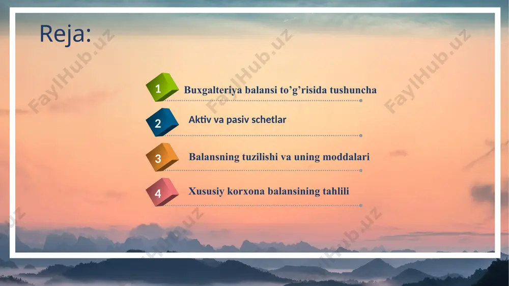 isodiy nafni o’zida mujassamlanishi, bevosita va bilvosita pul mablag’lari yoki ularning ekvivalentlarini ko’paytirish imkoniyati; b) bu iqtisodiy naflarni nazorat qilish qobliyatini mujassamlash; v) oldingi bitimlar yoki boshqa voqealarning natijasi bo’lishi. aktiv passiv «passiv» atamasining ildizi ham lotincha faolsiz, xolis turmoq, tushuntirish kabi so’zlarning ildizidan olingan. тarixan bu atama dastlab faqat qarzga olingan mablag’larga nisbatan, ya’ni uchinchi shaxslar oldidagi majburiyatlarga nisbatan qo’llanar edi. bu bilan mulk egasi qarzga olingan mablag’larga bo’lgan munosabatda o’zboshimchalikdan o’zini tutishi kerakligi ta’kidlangan edi. keyinchalik «passiv» atamasi manbalarning boshqa moddalariga ham tarqatilgan bo’lib, faqat korxona majburiyatlarini tavsiflabgina emas, mablag’lar turlarini qanday maqsadlarga mo’ljallanganligini ham tavsiflash uchun ishlatiladigan bo’ldi. 3 2 1 a) aktivlarni chiqib ketishi yoki xizmat ko’rsatish yo’li bilan to’lashni vujudga keltiradigan mavjud doimiy majburiyatni o’zida majassamlashtirishi; b) subyekt uchun majburiyatning bajarilishi shartligi va qariyb muqarrarligi; v) oldingi bitim yoki voqealar natijasi bo’lishi. manbalarning tarkibiy qismini majburiyatlar tashkil etadi. majburiyatlarni uch xil xususiyatga ega bo’lishi kerak: …