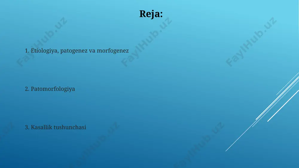 faoliyatning yetishmasligi va genetik moyillik kabi omillar bilan bog'liqdir. irsiy kasalliklar xromosomal aberratsiyalar, masalan, trisomiya 21 (down sindromi) kabi, irsiy kasalliklarning 10-15% ini tashkil qiladi va tug'ilish nuqsonlari bilan bog'liq. irsiy kasalliklarning 20% dan ortig'i autosomal-recessive usulda meros bo'lib o'tadi, ya'ni ikkala ota-onadan ham mutatsiyaga uchragan genning nusxasi farzandga o'tishi kerak. yuqumli kasalliklar yuqumli kasalliklarning 80% dan ortig'i viruslar, bakteriyalar yoki zamburug'lar kabi patogen mikroorganizmlar tomonidan kelib chiqadi va odatda yuqumli yo'l orqali tarqaladi. yuqumli kasalliklarning morfologiyasi yallig'lanish, nekroz va fibroz kabi to'qimalarning shikastlanishiga olib kelishi mumkin, bu esa organlarning funktsiyasi buzilishiga sabab bo'ladi, masalan, pnevmoniya holatlarida o'pka to'qimalarining 15% ga yaqin zararlanishi kuzatiladi. kasallikning klinik ko'rinishlari ba'zi kasalliklarda, masalan, grippda, klinik ko'rinishlar taxminan 7-10 kun davom etadi, ammo og'ir holatlarda bu muddat 2 haftadan ortiq bo'lishi mumkin. klinik ko'rinishlar diagnostika mezonlariga (masalan, qon tahlillarining 5 turdagi o'zgarishlari) asoslanib aniqlanadi va kasallikning og'irlik darajasini aniqlashda muhim rol o'ynaydi. yuqumsiz kasalliklar …
