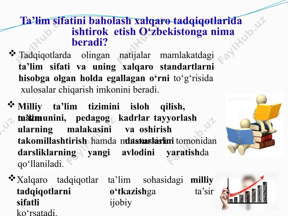 aspektlari boʼyicha taʼlim sifati koʼrsatkichlarini aniqlash mezonlarini ishlab chiqish. xalqaro oʼqituvchlar asosiatsiyasi, mamlakatlararo hamkorlikni yoʼlga qoʼyish. аnketa savollariga yozilgan javoblarni tahlil etish, taʼlim sifati koʼrsatkichlariga bevosita taʼsir koʼrsatadigan resruslarni belgilash, ular mazkur dastur nimaga xizmat qiladi taqdimot, koʼrinishida va hisobotlar tayyorlash. o’qituvchining kasbiy tayyorgarligini takomillashtirish pedagogika mutaxassisligi uchun iqtidorli yoshlarni tanlash uzluksiz malaka oshirish jarayonini takomillash- tirish moderator o’qituvchilarni tanlash pedagogning ijtimoiy mavqeini oshirish hematics performan 13 talis ning va zifalari pisa- programme for international student assesment pisa – o‘quvchilarning ta’limiy yutuqlarini baholash bo‘yicha xalqaro dastur pisa (inglizcha - programme for international student assessment) – turli davlatlarda 15 yoshli o‘quvchilarning savodxonligini (o‘qish, matematika, tabiiy fanlar) hamda bilimlarini amaliyotda qo‘llash qobiliyatini baholovchi dastur. bu dastur 3 yilda bir marotaba o‘tkaziladi. dastlab 1997-yilda ishlab chiqilgan va 2000-yilda birinchi marta qo‘llanilgan. pisa bo‘yicha bahoning 50 ballga oshishi har yillik yalpi ichki mahsulot (yaim) ning 1% ga o‘sishini ta’minlaydi. pisa ning davriyligi 2000 2009 …