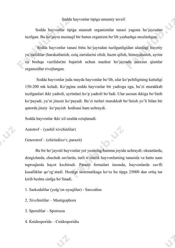 rakatlanish va shular vositasida oziq zarralarini ushlab olish harakterlidir. bu sinf uchta kenja sinfga bо‘linadi. 1.ildizoyoqlilar – ( rnisopoda) 2.nurlilar – (radiolaria) 3.quyoshsimonlar – (heliosoa) ildizoyoqlilar (rnisopoda) kichik sinfi. protey amyobasi. (amoeba proteus) kо‘llar, hovuzlar yoki suvi tozaroq kichik havzalar tubida yashaydi. kattaligi 0,5 mm protey amyobasining mikroskop ostida tanasi atrofida bir tomondan о‘sib ikkinchi tomondan qisqarib turuvchi tо‘mtoq-chо‘ziq uchlarini aniq kо‘rish mumkin. bular yolg‘onoyoqlilar deb ataladigan orgonoidlar bо‘lib amyoba shular vositasida harakatlanadi. bu oyoqlar oziqni qamrab olishga ham xizmat qiladi. amyoba tanasi tashqi qavat bilan о‘ralgan bо‘lib, bu ektoplazma deb ataladi. ektoplazmaning ichki qismi sitoplazma bilan tо‘lgan. sitoplazma tananing qaysi tomoniga harakat qilsa, о‘sha tomonidan yolg‘on oyoq hosil bо‘ldai. oziq hazm bо‘lishi – yolg‘on oyoqlar bilan о‘rab olingan oziq endoplazmaga о‘tgach, tiniq suyuqlik pufakcha bilan qoplanadi. bu pufakcha ovqat hazm qilish vakuolasi bо‘lib u oziqni eriydigan holga keltiradi va shu yo’l bilan tanaga tarqatadi. ayirish – amyoba endoplazmasidagi tiniq …