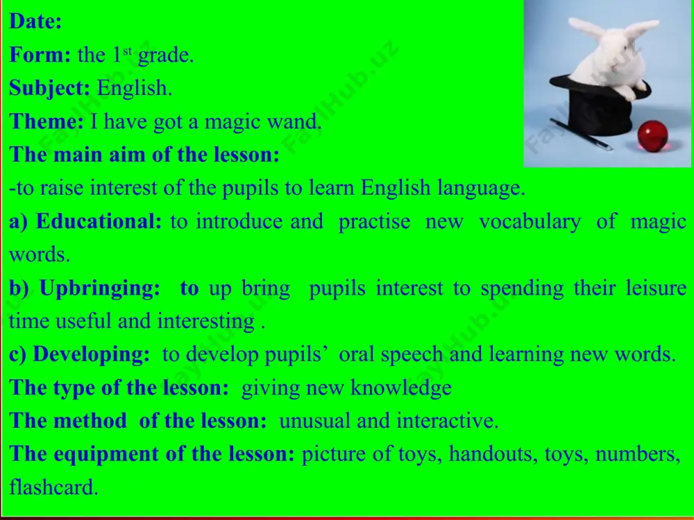 ic box” find magic things from magic box. v marking: teacher: our lesson is ending now let’s count balls of every group. teacher: at the end of the lesson i want to mark some of you. vi homework: teacher: pupils your homework will be to repeat new words . image2.png image3.png image4.png image5.jpeg image6.png image7.png image8.png image9.png image10.png image11.png image12.png image13.png image14.png image15.png /docprops/thumbnail.jpeg