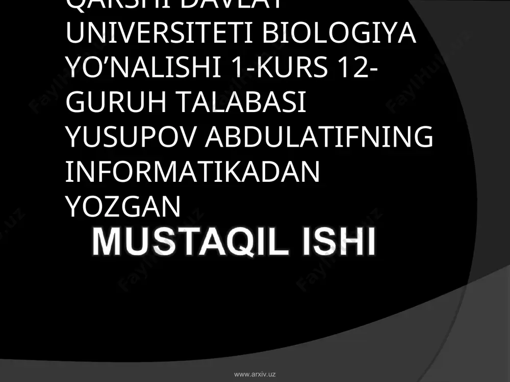 sosiy farqi shundaki, barcha hisob ishlarini jadvalning o’zi bajaradi, lekin ma’lumotlarni kiritish foydalanuvchi zimmasida bo’ladi. www.arxiv.uz www.arxiv.uz excel elektron jadvali 16384 ta (row) va undan ortiq satr va 256 ta ustun (collumn) dan iborat. satrlar 1 dan 16384 gacha va undan katta bo’lgan butun sonlar bilan tartiblangan bo’lsa, ustunlar lotin alifbosining bosh harflari (a, b,…, z, aa, ab, …, iv) bilan belgilangan. satr va ustun kesishmasida elektron jadvalning asosiy tarkibiy elementi-yacheyka (cell) joylashgan. har bir yacheykaga son, matn yoki formula ko’rinishdagi ma’lumotlar kiritiladi. ustun kengligini va satr balandligini sichqoncha orqali o’zgartirish ham mumkin. jadvalning tanlangan yacheykasiga o’tish uchun aniq manzil (adres) ko’rsatilishi kerak. u satr va ustun kesishmasida, masalan a1, v4, f9, ab3 kabi ko’rsatiladi. www.arxiv.uz www.arxiv.uz ms excel dasturini yuklash va ishni tugallash. 1.kompyuter elektr tarmog’iga ulanib, ishga tushiriladi. ekranda muloqot oynasi paydo bo’lib, foydalanuvchining nomi va paroli so’ralsa, ular klaviatura orqali kiritilib, so’ngra «enter» klavishi bosiladi. 2.«sichqoncha» ko’rsatkichi …