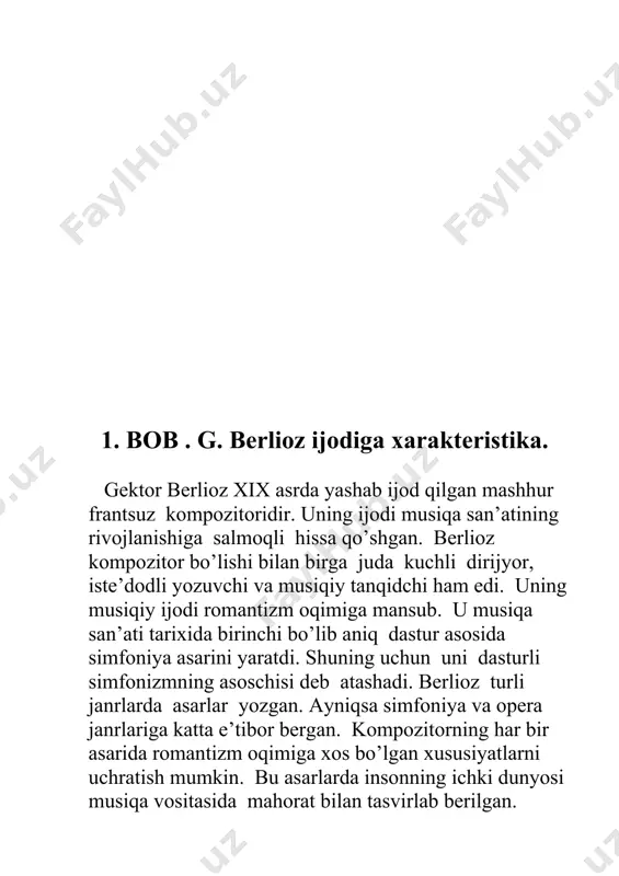 ga beriladi. bir balda qizni ko’rib qoladi va yana orzularga beriladi. shaharda yura olmaydi va tog’u-toshlarga chiqib ketadi. ammo u erda ham tinchlik topolmaydi. rashk o’tida yonib sevgilisini o’ldiradi va uni sud qilib qatl etadilar. narigi dunyoda arvohlar bazmida sevgilisini uchratadi". simfoniyada besh qism bor. hammasiga kompozitor nom bergan. 1-qism: "orzu-umidlar. his hayajonlar". 2-qism: "bal". 3-qism: "daladagi manzaralar". 4-qism: "qatlga borish". 5-qism: "arvohlar bazmi". simfoniyaning asosiy mavzusi - bu ishq muhabbat mavzusidir. birinchi qismdayoq kompozitor juda chiroyli kuy orqali muhabbat mavzusini tasvirlagan. bu kuyni "muhabbat leytmotivi" deb atash mumkin. bu leytmotiv qiz obrazini ifodalaydi va simfoniyaning har bir qismida takrorlanib turadi. simfoniya musiqasi nihoyatda ajoyib. uni eshitar ekan, tinglovchi berilgan dasturning musiqada juda to’g’ri va tushunarli qilib ifodalanganligiga amin bo’ladi. bu asarni yaratishda berlioz orkestr borasidagi butun bilim va tajribasini ishga solgan. kompozitor betxoven izidan borib barcha cholg’u sozlaridan bir xilda foydalangan. hamma guruhlarning mavqei bir xil bo’lgani uchun simfonik …