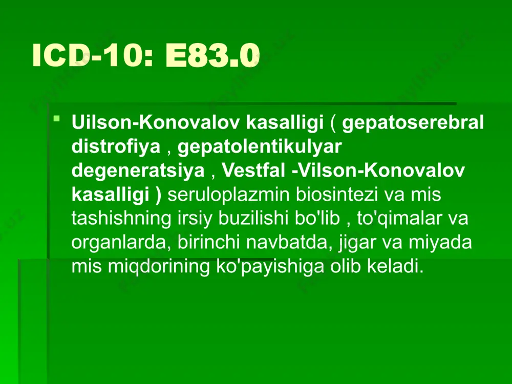 sessiv merosi. bemorning heterozigot ota-onalarga tug'ilish ehtimoli 25% kasallik avtosomal retsessiv meros usuliga ega. ya'ni, bemor ikkala ota-onadan ham nuqsonli genni olishi kerak (rasmga qarang). faqat bitta mutant genga ega bo'lgan odamlar tashuvchilar (heterozigotlar) deb ataladi. ular mis almashinuvida engil buzilishlarga duch kelishlari mumkin. patogenez mis tanada juda ko'p funktsiyalarga ega. u asosan seruloplazmin , sitoxrom c oksidaza , dopamin beta gidroksilaz , superoksid dismutaza va tirozinaza oshqozon-ichak traktidan so'riladi . ingichka ichak hujayralaridagi transport oqsili , cmt1, misni hujayralarga o'tkazadi. misning bir qismi metallotionin bilan bog'lanadi , ikkinchisi esa atox1 transport oqsili yordamida golji tarmog'iga o'tkaziladi. golji apparatida mis kontsentratsiyasining oshishiga javoban atp7a fermenti bu elementni darvoza venasi orqali jigarga chiqaradi . jigar hujayralarida atp7b oqsili misni seruloplazmin bilan bog'laydi va uni qonga chiqaradi, shuningdek, ajratilgan safrodan ortiqcha misni olib tashlaydi. uilson kasalligida atp7b ning ikkala funktsiyasi ham buziladi. mis jigar to'qimalarida to'planadi; seruloplazmin ajralishda davom etadi, ammo mis …