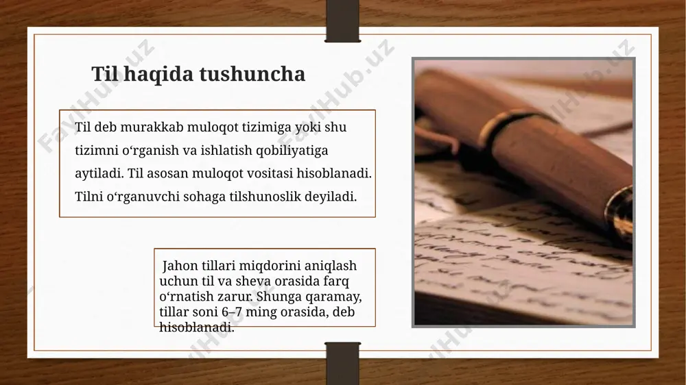 n bosqichida uning xususiyatlar jamiyatning iqtisodiy, siyosiy birlashish jarayonlari-- hududiy parchalanish jarayonlaridan ustunlik qilgan davrlarda, laxjaviy differensiatsiya bilan bir qatorda, adabiyotda adabiy til sifatida mustahkamlanib qoluvchi yagona umumxalq tilini yaratishga imkon boʻladi. umumxalq milliy tilning shakllanishi tegishli millatning shakllanishi davrida roʻy beradi. tillar vaqt oʻtishi bilan oʻzgaradi, ularning evolutsiyasini qadimgi tillar keyingi bosqichlar sodir boʻlishi uchun qanday belgilarga ega boʻlganini aniqlovchi va ularni zamonaviy tillarga taqqoslovchi tarixiy tilshunoslik oʻrganadi. umumiy ajdoddan keluvchi tillar guruhiga tillar oilasi deyiladi. bugungi kunda jahonda eng keng tarqalgan tillar, jumladan inglizcha, ispancha, portugalcha, ruscha va hindcha hind-yevropa tillari; mandarin xitoychasi va kantoncha esa sino-tibet tillari; arabcha, amharcha va ivrit esa semit tillari; suahili, zulu va shona esa bantu tillari oilasiga kiradi. tilshunoslar fikriga koʻra bugun mavjud tillarning 50 dan 90 foizigachasi 2100-yilga kelib yoʻqolib ketad[1][2]. ong haqida tushuncha ong — bu sub’ektning dunyo va undagi oʻz oʻrni haqidagi tasavvuri, uning ichki aqliy tajribasi haqida hisobot …