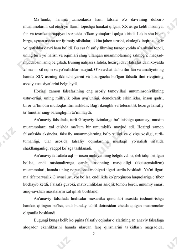 rdi, umumiy emas, aniq-ravshan masalalarni xal qilish boshlandi. an’anaviy falsafada hodisalar mexanika qonunlari asosida tushuntirishga harakat qilingan bo`lsa, endi bunday tahlil doirasidan chetda qolgan muammolar o`rganila boshlandi. bugungi kunga kelib ko`pgina falsafiy oqimlar o`zlarining an’anaviy falsafaga aloqador ekanliklarini hamda ulardan farq qilishlarini ta’kidlash maqsadida, nomlariga «neo», ya’ni yangi, zamonaviylashgan degan ma’noni anglatuvchi qo`shimchani qo`shganlar. masalan, neopozitivizm, neotomizm va boshqalar shular jumlasiga kiradi. fanning jamiyat hayotidagi o`rnini belgilash va unga nisbatan munosabatga qarab, zamonaviy falsafiy ta’limotlarni asosan ikki yo`nalishga ajratish mumkin. ulardan biri — ssiyentizm (lot scientia — fan) ya’ni fan mavjud barcha ijtimoiy muammolarni xal etishi mumkinligini ilm-fan taraqqiyotining doimiy ijobiyligini asoslovchi falsafiy dunyoqarash. ssiyentizm g`oyalari, neopozitivizm, texnologik determinizm kabi ta’limotlarning asosini tashkil etadi. ikkinchisi — antissiyentizm, ya’ni fan taraqqiyoti jamiyat hayotiga salbiy ta’sir ko`rsatishini asoslovchi falsafiy dunyoqarash. bunday dunyoqarash ekzistensializm, frankfurt ijtimoiy-falsafiy maktabi, rim klubining bir qator tarmoklarini, ba’zi diniy-falsafiy oqimlarning fanga munosabatini ifodalaydi. antissiyentizm ilm-fan taraqqiyotining natijalarini nazorat …