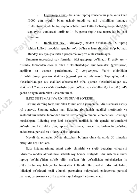 nsvakuolyar. simplast suvning hujayra sitoplazmasi orqali harakatlanishini bildiradi. rizoderma va parenxima hujayralariga suvning kirishi va harakatlanishi osmos qonunlari asosida sodir bo’ladi. bu harakatga qisman atf ham sarflanadi. umuman, suv ildiz tukchalaridan to o’tkazuvchi naylargacha simplast yo’l bilan harakat qiladi. apoplast deb suvning hujayra po’sti orqali harakatlanishiga aytiladi. hujayra po’stining suvga nisbatan qarshiligi sitoplazmaga qaraganda ancha kamligi apoplast harakatining aktivligiga sabab bo’ladi. bu harakat rizoderma-ildiz tukchalari hujayrasining po’stidan boshlanib, endoderma hujayralarigacha davom etadi. endodermaga kelgan suv o’z yo’nalishini apoplast yo’li bilan davom ettirolmaydi. chunki bu yerda po’sti juda qalinlashgan (kaspari belbog’i) va suv o’tkazmaydigan hujayralar qavati joylashgan. biroq ular orasida, maxsus o’tkazuvchi hujayralar borki, ular ildizning ksilema hujayralari bilan to’tashgan. apoplast yo’li bilan endodermagacha kelgan suv o’tkazuvchi hujayralarning sitoplazmasiga o’tadi va simplast yo’li bilan o’tkazuvchi naylargacha davom etadi. transvakuolyar suvning hujayra shirasi orqali harakatlanishini bildiradi. hujayraga suvning kirishi va harakatlanishi to’la hujayra shirasining osmotik bosimiga bog’liq. osmotik bosim qancha yuqori bo’lsa, …
