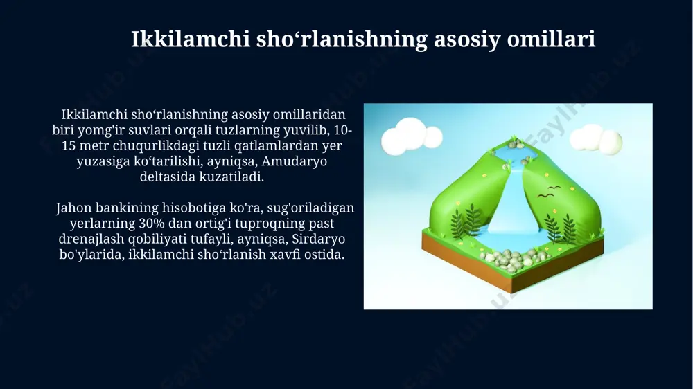 ʻsimliklarning oʻsishi va rivojlanishiga salbiy ta'sir koʻrsatadi; masalan, 1000 ga yaqin turdagi oʻsimliklar shoʻrlanishga chidamsiz hisoblanadi. tuproq shoʻrlanishini monitoring qilish qashqadaryo viloyatining 5 ta tuproq namunasi tahlilida, oʻrtacha tuz miqdori 12 g/kg dan oshganligi aniqlandi, bu esa kuchli shoʻrlanish darajasini koʻrsatadi. namangan viloyatida joylashgan 10 gektar maydonda oʻtkazilgan tadqiqotlar, yer osti suvlari satxining 2 metrga koʻtarilishi tuproq shoʻrlanishini 15% ga oshirganini tasdiqladi. kelajakdagi tadqiqotlar va istiqbollar namangan viloyatining salinlangan hududlarida 3 yillik davomida yer osti suvlari dinamikasini kuzatish orqali shoʻrlanishning aniq sabablarini aniqlash va uni bartaraf etishga qaratilgan geofizikaviy tadqiqotlarni amalga oshirish rejalashtirilgan. jahon banki maʼlumotlariga koʻra, oʻzbekistonning 15% yerlari shoʻrlangan boʻlib, bu yerlarda yangi shoʻrlanishga chidamli 10 dan ortiq ekin navlarini yaratish boʻyicha gen muhandisligi tadqiqotlarini olib borish zarur. ikkilamchi shoʻrlanish jarayoni ikkilamchi shoʻrlanish natijasida tuproqning 15% gacha boʻlgan qismi tuzlar bilan toʻyinib, oʻsimliklarning oʻsishi va rivojlanishiga salbiy ta’sir koʻrsatadi. bu jarayon, ayniqsa, sugʻorish tizimlarining notoʻgʻri boshqarilishi bilan bogʻliq. …