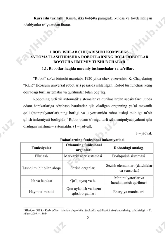 mua ichidagi texnologik jarayonlarning avtomatlashtirilgan siklini to‘la ta’minlovchi yordamchi jihozlar yig‘indisidan iborat avtonom harakat qiluvchi ishlab chiqarishning texnologik vositalari to‘plamiga robotlashtirilgan ishlab chiqarish majmuasi deyiladi. sanoat robotining ijro qurilmasi – robotning harakat funksiyalarini bajaruvchi qurilma. uning tarkibiga manipulyator (m) va boshqarish qurilmasi (bk) kiradi. sanoat roboti manipulyatorining ishchi a’zosi (organi) – robotning tashqi muhit bilan bevosita o‘zaro aloqasini amalga oshiruvchi qurilma bo‘lib, odatda qisqichlash qurilmasi yoki ishchi asbobni bildiradi. srning boshqarish qurilmasi - berilgan programmaga ko‘ra ijro qurilmasiga boshqaruvchi ta’sirlarni shakllantirish va chiqarib berish uchun mo‘ljallangan. srning o‘lchov qurilmasi - boshqarish qurilmasi uchun robot va tashqi muhit holatlariga oid informatsiya yig‘ishni amalga oshiradi[footnoteref:2]. [2: .abdullayeva q.m. tikuvchilik buyumlarini loyihalash va modellashtirish asoslari. o’quv qo’llanma. t. adabiyot 2006 yil] xizmat ko‘rsatuvchi sanoat roboti - yordamchi o‘tish va transport operatsiyalarni bajaruvchi robotdir. masalan, yuklovchi – yuk tushiruvchi va transport robotlari. operatsion sr – texnologik operatsiyalar va ularning elementlarini, masalan, payvandlash, yig‘ish, bo‘yash …