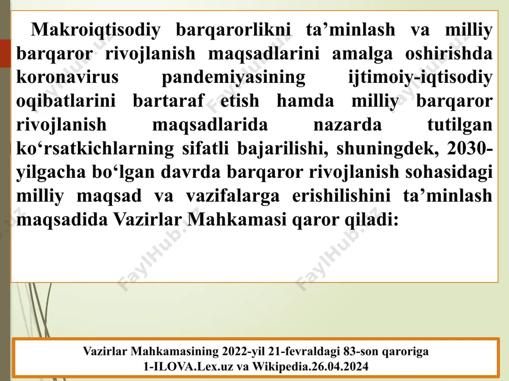 i kurashish, yerlarning yemirilishini to‘xtatish va ortga qaytarish, bioxilma-xillikning yo‘qolib ketish jarayonini to‘xtatish. vazirlar mahkamasining 2022-yil 21-fevraldagi 83-son qaroriga 1-ilova.lex.uz va wikipedia.26.04.2024 15-maqsad. barqaror rivojlanish maqsadlari yo‘lida tinchliksevar va ochiq jamiyatlar barpo etilishiga ko‘maklashish, barcha uchun odil sudlov imkoniyatidan foydalanishni ta’minlash va barcha darajalarda samarali, hisobdor va keng ishtirokka asoslangan muassasalarni tashkil etish. vazirlar mahkamasining 2022-yil 21-fevraldagi 83-son qaroriga 1-ilova.lex.uz va wikipedia.26.04.2024 16-maqsad. barqaror rivojlanish maqsadlarida global sheriklik doirasida amalga oshirish vositalarini mustahkamlash va ishlarni faollashtirish. vazirlar mahkamasining 2022-yil 21-fevraldagi 83-son qaroriga 1-ilova.lex.uz va wikipedia.26.04.2024 foydalanilgan adabiyotlar va elecktron saytlar. 1.vazirlar mahkamasining 2022-yil 21-fevraldagi 83-son qaroriga 1-ilova. 2.lex.uz.26.04.2024 3.wikipedia.26.04.2024 e’tiboringiz uchun rahmat. image1.jpeg image2.jpeg image3.jpeg image4.jpeg image5.jpeg image6.png image7.jpeg image8.jpeg image9.jpeg image10.jpeg image11.jpeg image12.jpeg image13.jpeg image14.jpeg image15.png image16.jpeg image17.jpeg image18.jpeg image19.jpeg image20.jpeg image21.jpeg image22.jpeg image23.webp image24.jpeg image25.jpeg image26.jpeg image27.jpeg image28.png image29.png image30.jpeg image31.jpeg image32.jpeg image33.jpeg image34.png image35.jpeg image36.jpeg image37.jpeg renewable energy /docprops/thumbnail.jpeg