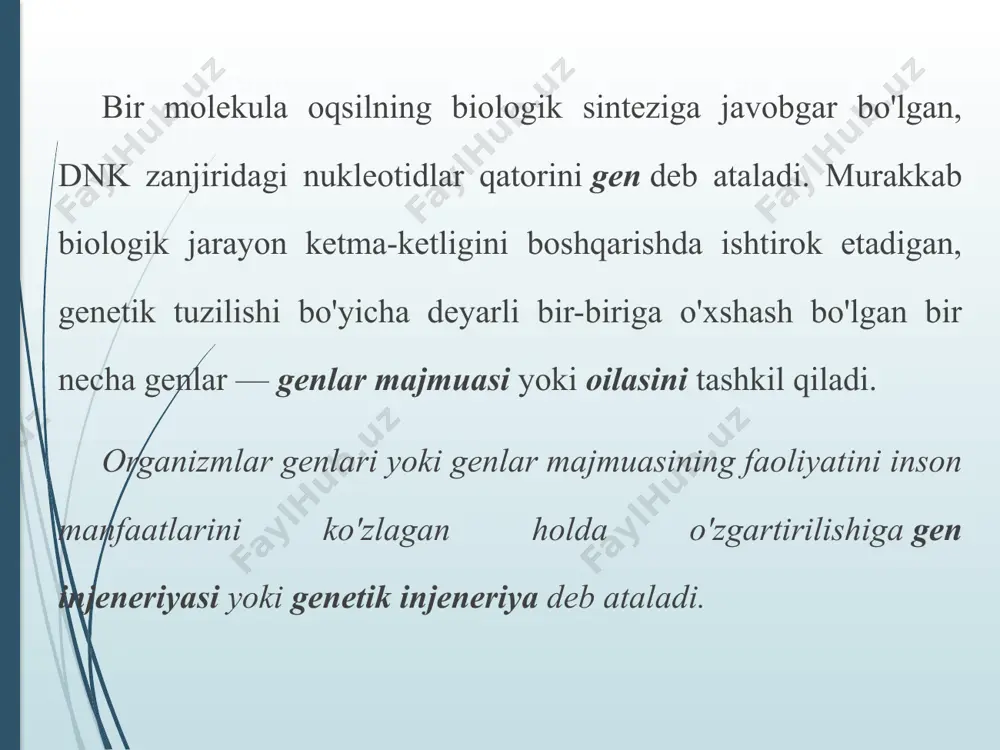 ining va uskunalarining kashf etilishi bu fanning jadalj sur’atlar bilan rivojlanishini ta ’minladi. organizmlar genlari yoki genlar majmuasining faoliyatini inson manfaatlarini ko'zlagan holda o'zgartirilishiga gen injeneriyasi yoki genetik injeneriya deb ataladi genetik injeneriyaning tadqiqot obyektlari genetik injeneriyaning tadqiqot obyektlari viruslar, bakteriyalar, zambumgmar, hayvon va o'sim liklarning hujayralaridir. bu tirik mavjudodlarning dnk molekulasi hujayraning boshqa moddalaridan tozalab olinganidan keyin ular orasidagi moddiy farq yoʻqoladi. har qanday m anbadan ajratihb, tozalangan dnk molekulasi enzimlar vositasida spetsifik boʻlaklarga parchalanishi va qaytadan bu boʻlaklar ulovchi enzim vositasida ehtiyojga mos ravishda ulanishi mumkin. hozirgi zam on genetik injeneriyasi usullari vositasida probirkada har qanday dnk molekulasi boʻlagini aynan ko'paytirish yoki dnk zanjiridagi xohlagan nukleotidni boshqasi bilan almashtirish mumkin. albatta bu qadar yuksak yutuqlarga irsiyat qonuniyatlarini izchillik bilan tadqiq etish natijasida erishildi. hozirgi zam on genetik injeneriyasi usullari vositasida probirkada har qanday dnk molekulasi boʻlagini aynan ko'paytirish yoki dnk zanjiridagi xohlagan nukleotidni boshqasi bilan almashtirish mumkin. albatta …