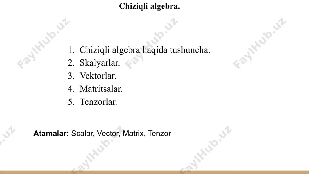 ida chiziqli algebra amallarini bajarish uchun numpy kutubxonasidan foydalanamiz. avval kutubxonani o‘rnatamiz (agar u o‘rnatilmagan bo‘lsa): pip install numpy muhitni tayyorlash keyin python kod yozishni boshlaymiz: import numpy as np skalyarlar ustida amallar daromad = 15000 harajatlar = 8000 foyda = daromad - harajatlar print(f"mehmonxonaning sof foydasi: ${foyda}") vektorlar ustida amallar bandlik = np.array([50, 65, 80, 90]) ortalacha_bandlik = np.mean(bandlik) print(f"mehmonxona o‘rtacha bandligi: {ortalacha_bandlik}%") matritsalar ustida amallar daromadlar = np.array([ [5000, 2000, 800], # 1-kun [7000, 2500, 900], # 2-kun [6500, 2700, 1000] # 3-kun ]) ortalacha_daromad = np.mean(daromadlar, axis=0) print(f"xona ijarasi o‘rtacha daromadi: ${ortalacha_daromad[0]}") print(f"restoran o‘rtacha daromadi: ${ortalacha_daromad[1]}") print(f"spa o‘rtacha daromadi: ${ortalacha_daromad[2]}") prognoz qilish (tenzorlar) bandlik_data = np.array([ [70, 75, 80], [65, 68, 72], [85, 87, 90] ]) prognoz_bandlik = np.mean(bandlik_data, axis=0) print(f"kelgusi oy prognoz bandlik darajasi: {prognoz_bandlik}") amaliytopshiriq mehmonxona xonalari bo‘yicha kundalik bandlik foizlarini matritsa shaklida yozing va o‘rtacha bandlikni hisoblang. turistik agentlik turli mamlakatlarga safar xarajatlarini vektor …