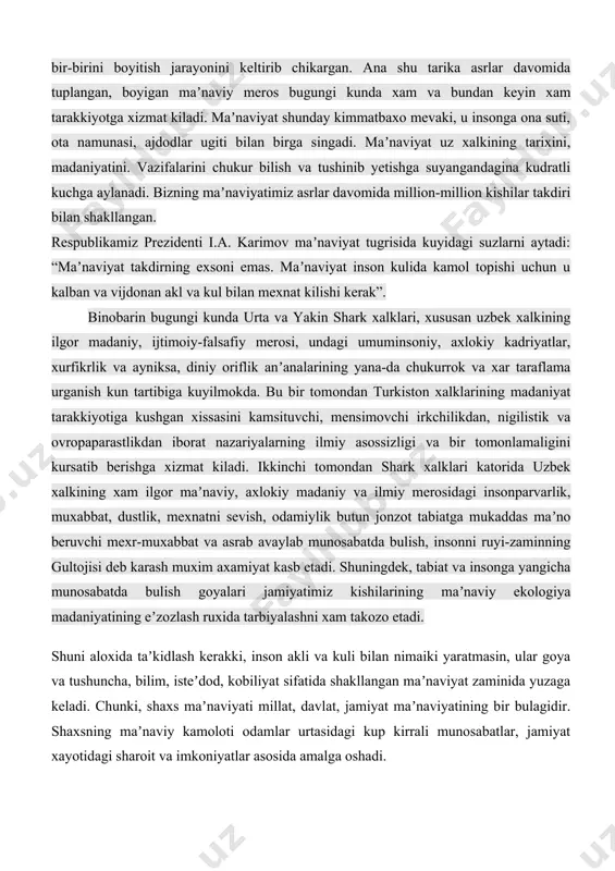 azmun kasb etadi. uz davrida deyistik va panteyistik dunyokarashga asoslangan falsafiy taʼlimotlar xam rivojlangan bulib urta osiyo mutafakkirlari bu taʼlimotlarga tankidiy nuktaiy nazardan yondashgan xususan temur va temuriylr darida yashab ijod etgan mutafaakkirlar xam farobiiy ibn sino beruniy kabi allomalrning ilmiy falsafiy meʼrosini davom ettirib diniy falsafiy taʼlimotlarni falsafani ilmiy dunyokarishini nazariy asosga kuishida keng foydalanganlar roziy farobiy , beruniy , ibn sinolar olam inson va xudoning uzaro munosabatlarini fakat irotsionalistik va taakdirchilik nuktaiy nazardan izoxlash urniga panteyislik va deyistik taʼlimotlarni ilgari surganlar 8-13 asr shark mutafaakirlarining ijtimoiy siyosiy karashlari jamiyat davlat va insonning shaxsiy xayotida xukumron tabakalar avliyolar, paygambarlar uynaydigan rolni akliy insonparvarlik nuktaiy nazardan xal kilishga yordam beradi . xudo olamdagi takdiri - azalni moxiyatan bilangili uni uzi urnatganliga karamay olam va undagi ishlar shu jumladan inson irodasi va faoliyati utkinchi uzgaruvchi bulganligi uchun ularni bilish ularga aralashdan yukori turadi . buning ustiga dunyoning ishlariga biror ishlarga aralashib …