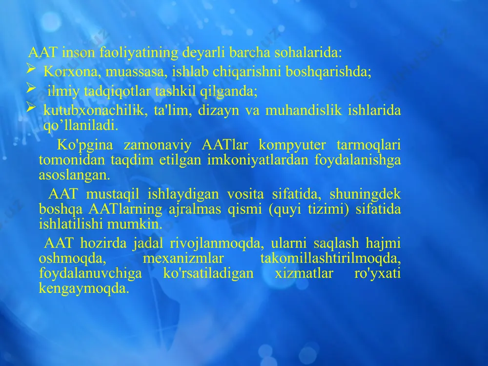 lari (aij) - bu foydalanuvchi funktsiyalarini avtomatlashtirishni ta'minlaydigan uslubiy, lingvistik, apparat va dasturiy vositalar majmui; muayyan ish joyiga yo'naltirilgan va ma'lum bir foydalanuvchi uchun muayyan muammoni hal qilishga mo'ljallangan konstruktiv va rasmiy vositalar majmui. aijni rivojlantirish maqsadlari: foydalanuvchiga moslashish bilan maksimal yo'nalish; muammoning yo'nalishi - ma'lum bir muammoni hal qilish va foydalanuvchi tilida muloqot qilishning texnologik jarayonining barcha bosqichlarini ko'rsatish. image2.jpeg image3.jpeg image4.png image5.png image6.jpg image1.jpeg