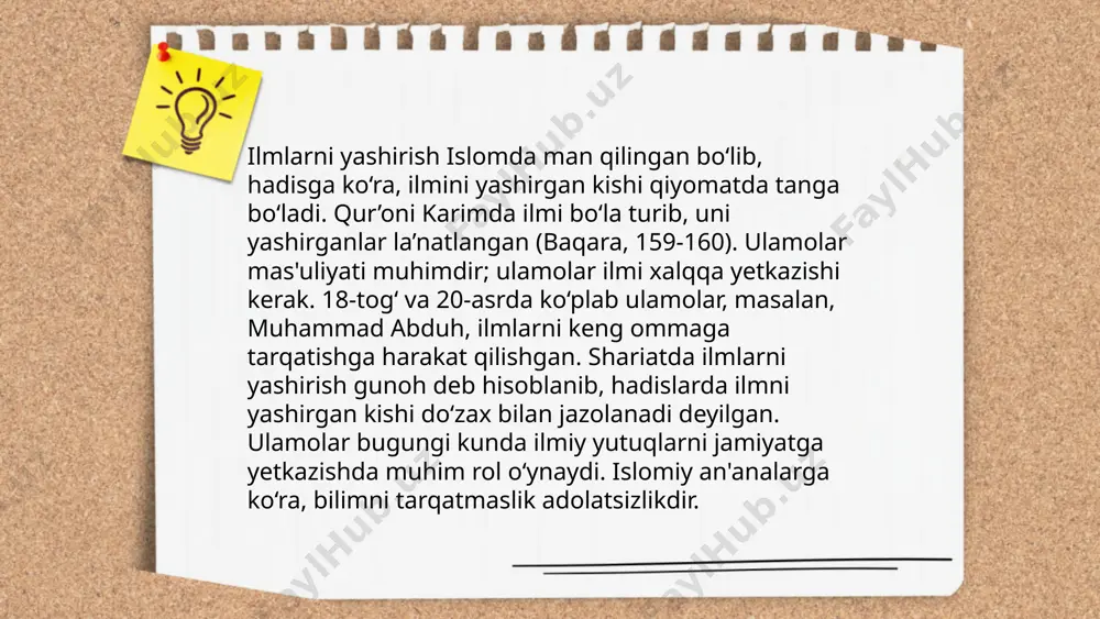 araqqiy etishi va barqarorlikka erishishi mumkin. ... t.me/slaydai_bot jamoatning ilm talabida mas'uliyati, butun dunyoda ta'lim sifati va kirish imkoniyatini yaxshilashdan iborat. 2021-yil statistik malumotlariga ko'ra, o‘zbekiston aholisining 99% dan ortig‘i savodli. unesco ma'lumotlari birinchi o‘rinda bolalar va yoshlarning ta'lim olishida teng imkoniyatlarni ta'minlash lozimligini ko‘rsatadi. o'zbekistonda davlat byudjetining taxminan 5% ta'limga sarflanadi. 2030-yilgacha barqaror rivojlanish maqsadlari doirasida, ta'limni yaxshilash orqali o‘qishni davom ettirayotganlar sonini ko‘paytirish vazifasi mavjud. shu nuqtai nazardan, mahalliy jamoalar ham ta’lim olish uchun imkoniyatlar yaratishda va o’z resurslarini ta'limga yo’naltirishda mas'uldir. ... t.me/slaydai_bot 10. muassasalar va shar'iy ilmlarning ommaviyligi muassasalar va shar'iy ilmlarning ommaviyligi sohasida o‘zbekistonda diqqatga sazovor o‘zgarishlar ro‘y bermoqda. bugungi kunda o‘zbekiston bo‘ylab yuzdan ortiq islomiy ta’lim muassasalari faoliyat yuritadi. ular orasida toshkent islom universiteti va bir necha madrasalar ajralib turadi. ushbu muassasalar har yili minglab talabalarga shar'iy ilmlar bo‘yicha ta’lim beradi. 2017-yildan beri o‘zbekistonda diniy ta’lim yo‘nalishida o‘quv dasturlari va materiallar ko‘paytirilmoqda. yuzlab o‘qituvchilar …