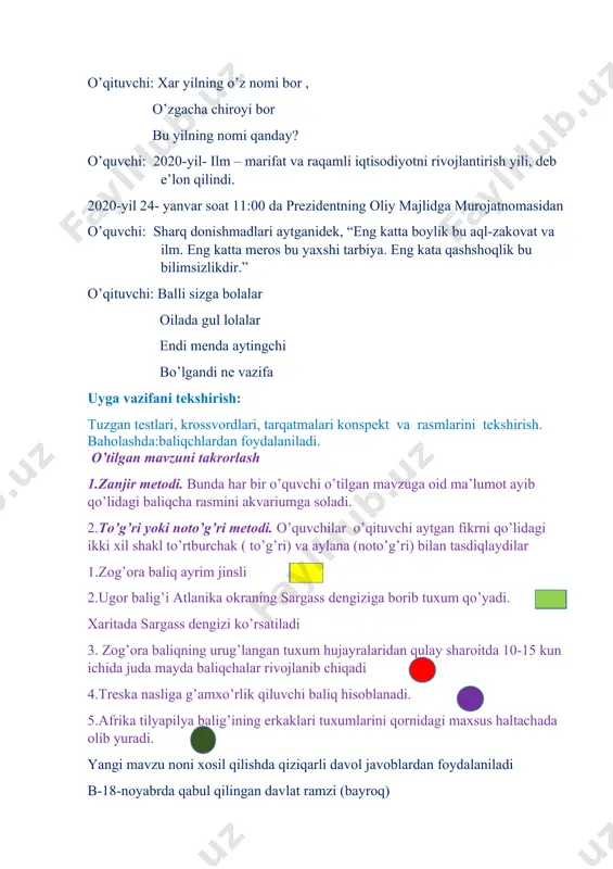 mida ham sharoit bir xil bo’lmaydi. yashash hsaroiti va oziq tarkibining xilma-xilligi, o’zaro raqobat, dushmanlarning ko’p bo’lishi baliqlar tuzilishi va fe’l-atvorining turlicha bo’lishiga olib kelgan. shuning uchun ham dengiz tubida yashovchi baliqlar sekin harakatlanadi, tanasi yassi bo’lganidan yirtqich hayvonlar ularni sezmaydi. rang-barang marjon riflari orasida hayot kechiradigan baliqlarning rangi ham xilma-xil va chiroyli bo’ladi. denciz va okeanlarning juda chuqur joyida yashaydigan baliqlarning yog’du taratadigan a’zolari bo’ladi. suvning yuza qismida, ayniqsa ochiq dengizlarda yahsaydigan baliqlarning muskullari va suzgichlari, xususan dum suzgichlari yaxshi rivojlanganligidan ular tez suzadi. gavdasining suyri shakli esa suzishni osonlashtiradi.skeletining tuzilish xususiyatiga ko’ra baliqlar tog’ayli va suyakli baliqlar sinfiga bo’linadi. tog’ayli baliqlar sinfi. tog’ayli baliqlarning skeleti tog’aydan iborat bo’lib, jabra qopqoqlari va suzgich pufaklari bo’lmaydi. jabra yoriqlari 5-7 juft bo’ladi. tog’ayli baliqlar akulalar va skatlar turkumini o’z ichiga oladi. akulalar turkumi. akulalar ancha yirik, tanasi torpedasimon, dum suzgichi ancha kuchli rivojlangan. terisini qoplab turgan tangachalari haqiqiy suyakli baliqlarnikidan batamom …