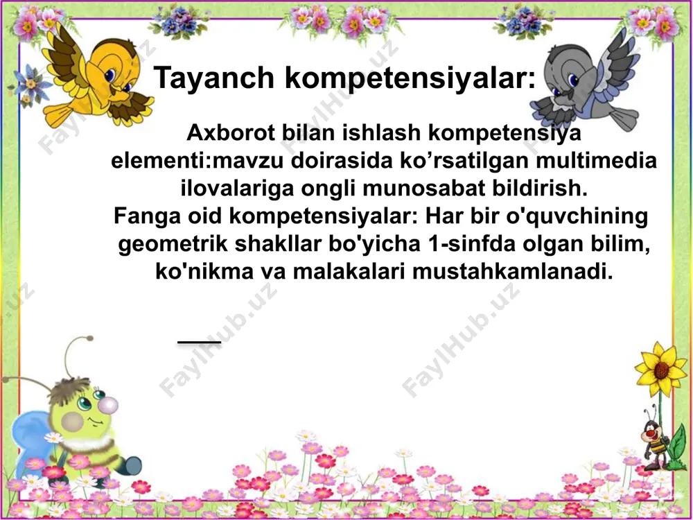 o’zi o’rtasida, piyoz so’zi oxirida. topishmoqning javobini toping. bugun qaysi tovush bilan tanishdik? “z” qanday tovush ekan? bu tovushni nima qilamiz? biz tovushlarni nima uchun o’rganamiz?“ “z” tovushi qaysi harf bilan yoziladi? “z” harfining shakli qanaqa ekan? “z” harfining necha xil shakli bor ekan? yangi mavzuni mustahkamlash yuzasidan savollar mustahkamlash so’zlardagi “z” tovushini top. so’zning qaysi qismida ekanini ayt. image2.jpeg image3.jpeg image4.png image5.png image6.jpeg image7.wmf image8.gif image9.png audio1.wav image10.jpeg image11.png image12.png image13.jpeg image14.png image15.jpeg image16.jpeg image17.png image18.png image19.png image20.png image21.png image22.png image23.png image24.gif image25.jpeg image26.jpeg image27.gif image28.gif audio2.wav image29.gif image30.wmf image31.png /docprops/thumbnail.jpeg