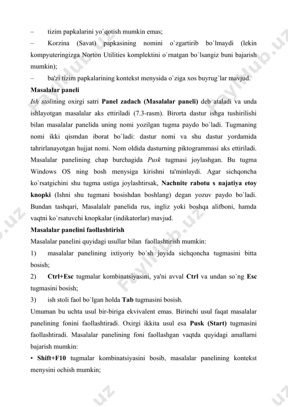 ki o`ngga joylashtirish mumkin. panelni boshqa bir joyga ko`chirish uchun uni sichqonchaning tugmasi bilan bosib turgan holda ekranning biror chegarasiga siljitamiz. kerakli chegara bo`ylab to`g`ri to`rtburchakning konturi paydo bo`lganda, sichqonchaning tugmasini qo`yib yuboramiz. masalalar panelini kengaytirish ham mumkin. buning uchun panelning tashqi chegarasini sichqoncha bilan ilib olib, uni boshqa joyga ko`chiramiz. windows menylari windowsda foydalanuvchilar 4 turdagi meny bilan ishlashi mumkin: – os ning asosiy menysi; – barcha obyektlarning kontekst menylari; – dastur menylari; – dastur va hujjat oynalarining, shuningdek, muloqot oynalarining boshqaruvchi menysi. meny - bu biror operatsiyani bajarish imkonini beruvchi buyrug`lar majmuidir. meny bandlari orasida buyrug`lardan tashqari qism menyga kirish imkonini beruvchi bandlar ham bo`lishi mumkin. bu holda biz iyerarxik yoki ichma-ich joylashgan meny bilan ishlaymiz. buni dasturlarni ishga tushirish menysi misolida ko`rishimiz mumkin. menylar monitor ekranida joylashishiga ko`ra, vertikal va gorizontal menylarga bo`linadi. dastur oynalarining menysi gorizontal bo`lib, u sarlavha satrining tagida joylashgandir. vertikal meny-yuqoridan pastga qarab …