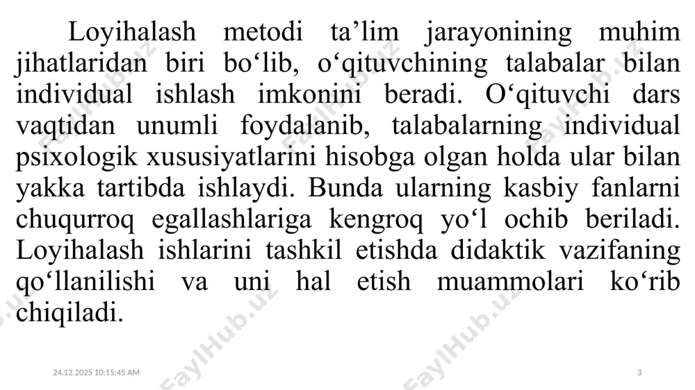 l qilishlari zarur. tahlil asosida qaror qabul qilib, loyiha ishlab chiqishdan maqsad qoʻyiladi va qanday natijaga erishilishi belgilanadi. 11.10.2021 20:36:26 7 maqsadni aniqlagach, loyihaning mazmunini belgilaymiz. reja asosida amalga oshirish uchun vazifalar belgilanadi, ya’ni faoliyat rejasi ishlab chiqiladi. loyihaning umumiy tavsifi oydinlashadi. aniq faoliyatga asos yaratiladi. loyihani amalga oshirish uchun tuzilgan reja aniq boʻlishi, haddan tashqari murakkab boʻlmasligi kerak. umumiy rejadan tashqari haftalik va oylik rejalar tuziladiki, uning asosida talaba bajaradigan ishlarni yanada oydinlashtiradi. loyiha qatnashchilari belgilanadi. loyiha qatnashchilari oʻz qiziqishlari, fikr doiralari bilan bir-birlariga yaqin, yordam beruvchi oʻquvchi, talabalar boʻlib, ularni loyihada qoʻyilgan maqsad birlashtiradi. 11.10.2021 20:36:26 8 ularni yoniga keyinchalik boshqa qatnashchilar ham qoʻshilishi mumkin. lekin qatnashchilar haddan tashqari koʻpayib ketishi salbiy oqibatlarga olib keladi. shuning uchun loyihada har bir qatnashuvchining bajaradigan vazifasi aniq yozib qoʻyiladi. loyihani amalga oshirish muddatlari belgilanadi. agarda u bosqichlarga boʻlinsa, uni har muddatlari bilan koʻrsatiladi. 11.10.2021 20:36:26 9 loyihalash va uni amalga oshirishning …