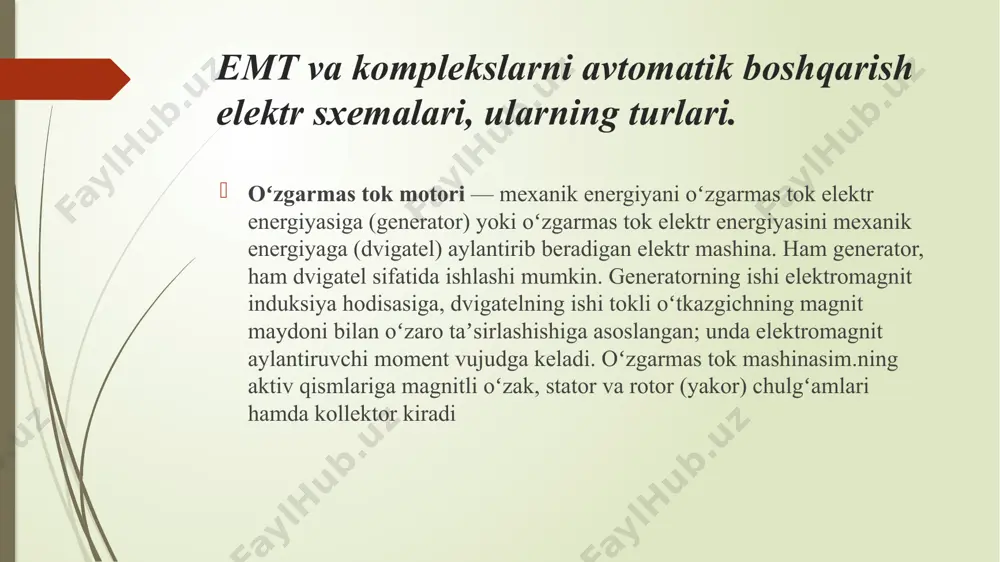 shuntlashni ta’minlaydi. rostlovchi rezistor rr1 va rr2. lar yordamida, ushbu kontaktorlar, dvigatelning ma’lum bir tezliklarida ishlab ketishi uchun sozlanadi. sxemada, to‘xtatishni amalga oshirish uchun, rezistor rdt ko‘zda tutilgan, uni ulash va uzish to‘xtatish kontaktori km3 orqali sodir bo‘ladi. vaqt ushlanishini ta’minlash uchun elektromagnitaviy vaqt relesi kt dan foydalaniladi, uning uzuvchi kontakti to‘xtatish kontaktori km2 ning g‘altagi zanjiriga ulangan bo‘ladi. sxema ta’minlash manbasiga ulangandan so‘ng, dvigatelni qo‘zg‘atish sodir bo‘ladi, bunda sxemadagi apparatlar boshlang‘ich xolatda qoladi. dvigatelni ishga tushirish tugmacha sb1 ni bosish orqali amalga oshiriladi, bu chiziqli kontaktor km ni ishlashiga va dvigatelni ta’minlash manbasiga ulanishiga olib keladi. dvigatel, yakor zanjiriga ulangan rezistorlar ri.t.1+ri.t.2 bilan xarakteristika 1 (6.2,b-rasm) bo‘yicha tezlanishni boshlaydi. dvigatelni tezligini ortishi bilan birgalikda uning e.yu.k va mos ravishda kontaktor km1 va km2 larning g‘altagidagi kuchlanish xam ortib boradi. 1 tezlikda kontaktor km1 ishlab ketadi va o‘zining kontaktlari bilan rezistorning birinchi bosqichi ri.t.1 ni tutashtiradi, dvigatel xarakteristika 2 ga …