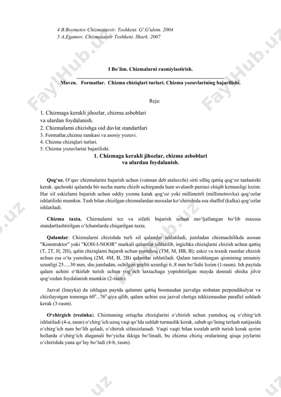 degan nomlar berishgan. xviii asr, xix asrning birinchi yarmiga oid chizmalarda masshtab paydo bo`lgan.ko`pchilik chizmalar turli ranglarda bo`yalgan, chizmalarda ma`lumotlar ko`paya borgan.chizmani tayyorlash uchun ko`p vaqt sarflangan. shuning uchun har xil shartliklar, yozuvlar va boshqalardan foydalanib, asta-sekin chizmalar soddalashtirila boshlangan. grafik tasvirlash usullarining yanada rivojlanishi uyg‘onish davriga to‘g‘ri keladi. italyan olimi va rassomi leonardo da vinchi chizma geometriyaga tegishli bo‘lgan «perspektiva» nazariyasiga katta hissa qo‘shdi. xviii asr oxirlarida fransuz muhandisi va matematigi gaspar monj proyeksion tasvirlar tuzish bo‘yicha to‘plagan tajribalarini umumlashtirdi va ilmiy asosladi. u 1798 yilda «chizma geometriya» kitobini yozib, unda birinchi marta o‘zaro perpendikulyar tekisliklarga to‘g‘ri burchakli (ortogonal) proyeksiyalash usulini qo‘lladi. bu usul hozirgacha "monj usuli" deb, yuritilib kelinmoqda. xix asrda proyeksion tasvirlash usullarini yanada rivojlantirishda rus olimlaridan ye.a.sevostyanov, n.i. makarov, v.i. kurdyumovlar katta hissa qo‘shdilar. 1821 yilda ye.a sevostyanov tomonidan birinchi marta rus tilida chizma geometriya darsligi nashrdan chiqarildi. respublikamizda chizmachilik va chizma geometriya fanini rivojlantirishda yu.qirg‘izboyev, …