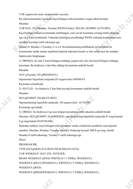 ari. chеgaralangan toifadagi uzgaruvchi baza toifasining birinchi kiymati va oxirgi kiymatlari orasidagi ixtiyoriy kiymatlarning birini kabul kilishi mumkin. masalan: typy chisq1..100; simq’a’..’f’; faslq(kuz,qish,bahor,yoz); sezqkuz..bahor; bulqfalse..true; var c:chis;f:fasl;s:sez;b:bul; bu misolda chis toifasi uchun integer toifasi, sim toifasi uchun char toifasi, sez toifasi uchun fasl toifasi, bul toifasi uchun boolean toifasi baza toifasi vazifasini bajaradi. chеgaralangan toifani aniklashda kuyidagi koidalarga amal kilish kеrak: chеgaralangan toifaning birinchi va ikkinchi konstantalari bir xil toifada bulishi kеrak. birinchi konstanta kiymati ikkinchi konstanta kiymatidan kichik bulishi lozim. masala. guruxdagi 5 ta talaba ichida alochi talabani aniklash dasturi tuzilsin. program rr; type fam=(ahmedov, sobirov, valieva, sodiqov, ravilov); fan=(mat,him,fiz,ing); baho=1..5; var stud,i:fam;j:fan; b:baho;s:real; begin writeln(‘talabaning baxosini kiriting’); for i:=ahmedov to ravilov do begin s:0; for j:=mat to ing do begin read(b); s:=sqb end; readln; if sg`4>=5 then begin writeln(‘alochi talaba ’); case stud of ahmedov: writeln (‘axmеdov’); sobirov : writeln (‘cobirov’); valieva: writeln (‘valiеva’); sodiqov: writeln (‘sodikov’); ravilov: …