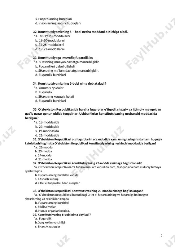 l 21 aprel 47. o‘zbekiston respublikasi prezidlentining vakolatlari konstitutsiyaning qaysi moddasida ko‘rsatilgan? *a. 93-moddasida b. 73-moddasida s. 15-moddasida d. 8-moddasida 48. o‘zbekiston respublikasi konstitutsiyasining nechinchi moddasida xotin-qizlar va erkaklar teng xuquqliklari belgilab qo‘yilgan? *a. 46-moddasida b. 8-moddasida s. 128-moddasida d. 31-moddasida 49. 1990 yil iyun oyida tuzilgan konstitutsiya komisisyasi tarkibini qaysi soha vakillari tashkil qilar edi? *a. huquqshunoslar, siyosatshunoslar, olimlar b. davlat va jamoat arboblari, olimlar va mutaxassislar s. faqat xuquqshunoslar d. faqat olimlar. 50. konstitutsiya komissiya a’zolari ichidan tuzilgan “ishchi guruxi” nechta kishidan iborat edi? *a. 32 b. 30 s. 64 d. 28 51. 2001 yil 4-yanvardan o‘zbekiston respublikasi konstitutsiyasini o‘rganish maxsus kursini ishlab chiqish uchun tuzilgan komissiya necha kishidan iborat edi? *a. 21 b. 30 s. 32 d. 28 52. o‘zbekiston respublikasi konstitutsiyasi qachon qabul qilingan? *a. 1992 yil 8-dekabr b. 1991 yil 30-avgust s. 1991 yil 31-avguvtda d. 1991 yil 1-sentyabr 53. o‘zbekiston respublikasi konstitutsiyasi qaysi sessiyada …