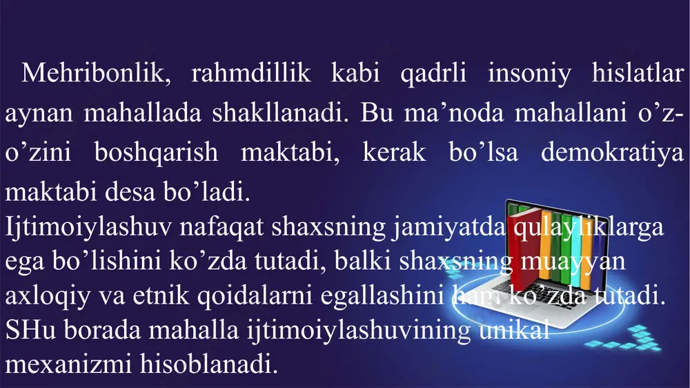 ikki tomonni yarashtirib bo’lmasa, bu holat bilan mahalla qo’mitasi shug’ullanadi. so‘ngi paytlarda uy xo’jaligi bilan band ayollar, yosh oilalar bilan ishlash faollashdi, ularni an’anaviy kasb-xunarlarga o’rgatish ishlari olib borilmoqda. mahalla ishsizlarning ishga joylashishilariga ham ko’maklashmoqda. xarbiy qo’mitalar askarlikka olishga tanlov bo’lganda mahalla faolligiga tayanishadi. mahallaning ijtimoiy hayotida so’nggi o’n yillarda katta o’zgarishlarni boshdan kechirgan qo’shnichilik munosabatlari muhim o’rin tutmoqda. oilaviy muhitning individuallashuv jarayoni ketmoqda. shu bilan birga yaqin qo’shnichilik munosabatlari o’zbek oilasining qadriyatlaridan biri bo’lib qolaveradi. bu avvalombor xo’jalik yordamida, bolalar tarbiyasida, qiyin vaziyatlarda yordam ko’rsatishda namoyon bo’lmoqda. shuning asosida ma’naviy yaqinlik paydo bo’ladi, ya’ni kundalik axborot almashinuvi, mahalladagi voqealar muhokamasi bo’lib o’tadi. shu tarzda mahalladagi eng kichik guruhlardan biri-qo’shnichilik guruhi paydo bo’ladi. mana shu guruh bilan bir qatorda qarindoshlik aloqalari ham mavjud. ular hozirda avvalgidan ko’ra kamroq bo’lsada, uning a’zolarining faol o’zaro yordami bilan xarakterlidir. qarindoshlik munosabatlari o‘zbeklarning oilaviy qadriyatlari tizimida hali ham birinchi o‘rinda turadi. 2.3. e’tiboringiz uchun …