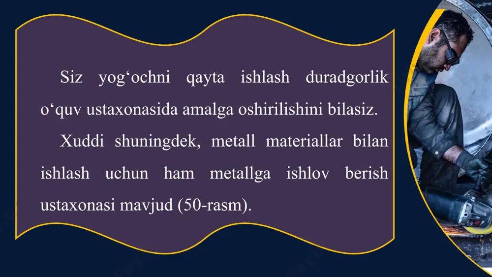 kli ishlov berishda ularni mahkam qisish va ushlab turishga mo‘l - jallangan. tiskining dastasi aylantirilganda yurish vinti buralib gaykaga kiradi yoki undan chiqadi va qo‘zg‘aluvchi jag‘ni tegishli yo‘nalishda suradi (52-rasm). this presentation uses a free template provided by fppt.com www.free-power-point-templates.com 52-rasm. chilangarlik tiskisi tuzilishi: a) 1 – dasta; 2 – yurish vinti; 3 – harakatlanuvchi jag‘; 4 – olinadigan lablar; 5 – harakatsiz jag‘; 6 – mahkamlash dastasi; 7 – aylanadigan qismi; 8 – asos; b) 1 – yurish vinti; 2 – gayka this presentation uses a free template provided by fppt.com www.free-power-point-templates.com chilangarlik tiskisini bo‘yga mos holda o‘rnatish. egov yoki dastarra bilan ishlashda bilak va yelka orasidagi burchak 900 bo‘lishi kerak (53-rasm, a). 2. parallel tiskida tirsakdan bukilgan chap qo‘lning to‘g‘rilangan barmoqlari iyakka tegib turadigan qilib tiski jag‘lariga qo‘yiladi (53-rasm, b). stulbop tiskisida tirsakdan bukilgan, tiskining jag‘iga qo‘yilgan chap qo‘l musht qilib qisilganda iyakka tegadi (53-rasm, d). siz metallga …