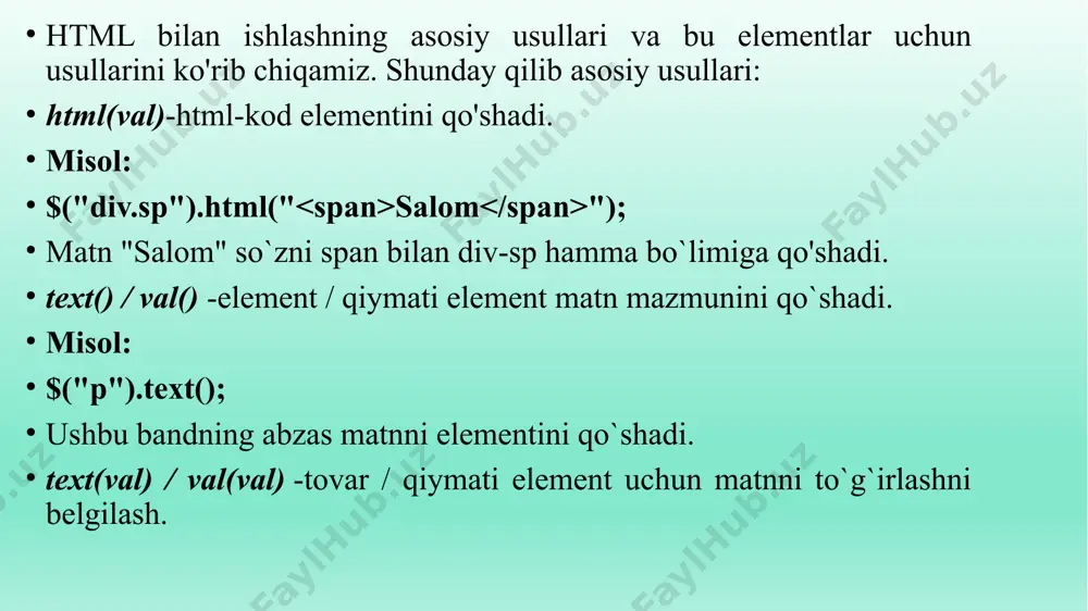 ol: $("p").appendto("#main"); bu qo'llanma id "main" elementi oxirigacha qo'shadi. boshqa so'zlar bilan aytganda: $ (a) .append (b) - b bilan boshlanib a gacha qo'shish $ (a) .appendto (b) -a bilan boshlanib b gacha qo'shish prepend(content)-mavjud tarkibga barcha tanlangan ob'ektlar ichida so`zni qo'shadi. hozirgi kunga kelib veb texnologiya juda katta tezlikda oshib bormoqda. har kuni yangi saytlar butun olam o’rgimchak to’riga qo’shilib bormoqda(shu qatorda ko’p saytlar o’z ishini yakunlamoqda). saytlarning asosini html gippertekst tili tashgkil etadi. ko’p yillar davomida sayt yaratuvchilar(taxminan 10 yil ) html4 dan foydalanib kelishgan. 2004 yilda esa yirik kompaniyalar (apple, opera , mozilla) birlashib yangi guruh hosil qilishdi va bu guruhni whatwg(web hypertext application technology working group) deb nomlashdi. so’ng guruhga world wide web consortium (w3c) ham kirib keldi va yangi html5 ni ishlab chiqarishni boshlashdi. html5 da flash pleyerlar o’rnini teglar egalladi va sayt strukturasi uchun alohida teglar qo’shildi. 18-yanvar 2011 yilda html5 logotipi yaratildi va …