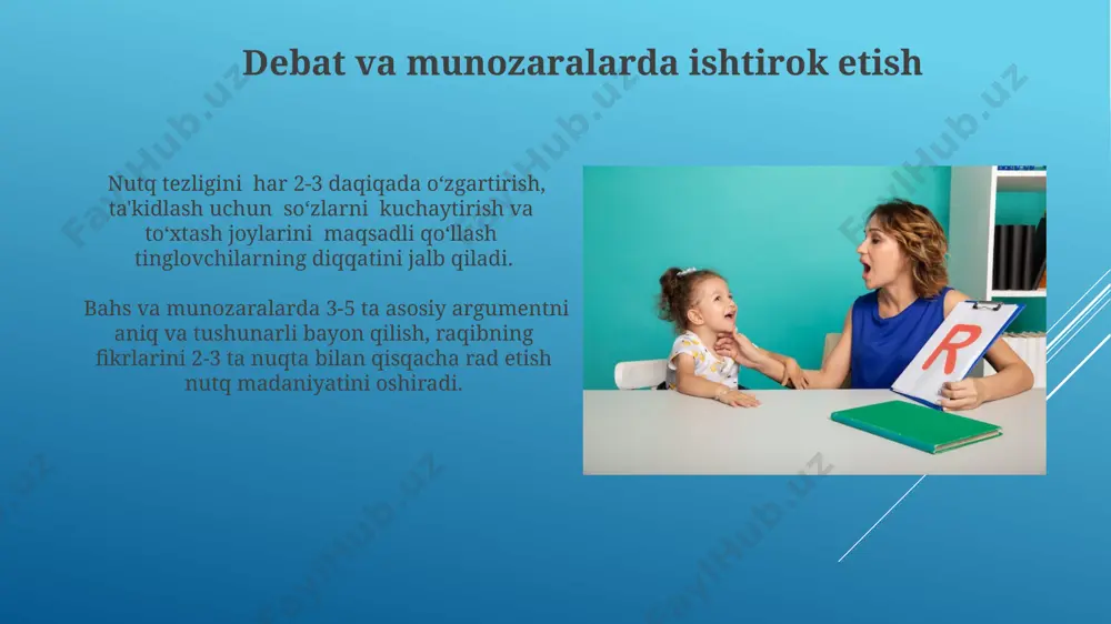 ndagi grammatik tuzilmalarni aniqlash foydali bo'ladi. lug'at boyligini kengaytirish uchun kamida 500 ta yangi so'z va terminlarni haftada o'rganish, ularni kontekstda qo'llash bilan birga amaliy mashqlar bajarish kerak. jamoat oldida gapirish san'atini o'rganish jamoat oldida nutq mahoratini oshirish uchun kamida 50 ta turli mavzularda tayyorgarlik ko'rish va har bir mavzu bo'yicha 3-5 daqiqalik nutqlar tayyorlash tavsiya etiladi. ovoz balandligi, intonatsiya va pauzalarni to'g'ri qo'llash orqali nutqingizni 20-30% qiziqarli va tushunarli qilishingiz mumkin. effektiv muloqotning kaliti shunda. e'tiboringiz uchun rahmat @taqdimot_robot image1.jpg image2.jpg image3.jpg image4.jpg image5.jpg image6.jpg image7.jpg image8.jpg image9.jpg image10.jpg image11.jpg image12.jpg image13.jpg image14.jpg image15.jpg image16.jpg image17.jpg