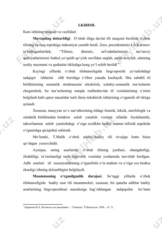 devona» kabi asarlari tahlil ob‘ekti sifatida tanlab olindi. tadqiqot metodologiyasi va bajarilish usullari. tadqiqotning metodologik asosi sifatida dialektikaning umumiylik-xususiylik, shakl-mazmun tamoyillari tanlandi. ishda lingvopoetik, uslubiy, qiyosiy tahlil usullaridan keng foydalanildi. tadqiqotning ilmiy yangiligi. − badiiy matn va uning belgilari masalasining o‘zbek tilshunosligidagi tadqiq darajasi tahlil qilindi; − t.malik asarlarida fonetik, leksik, grammatik vositalarning qo‘llanilishi birinchi marta maxsus o‘rganildi; − t.malikning so‘z qo‘llashdagi o‘ziga xos mahorati ochib berildi; ii.asosiy qism tilshunoslikda matn lingvistikasi muammosining ilmiy talqini va tadqiq darajasi. ma’lumki, tilning markaziy, yetakchi vazifasi – kommunikativ vazifadir. har qanday nutqiy kommunikatsiyaning yuzaga kelishida, voqealanishida esa uch asosiy unsurning ishtiroki majburiydir, ya’ni, so‘zlovchi (yozuvchi) – axborot (matn) – tinglovchi (o‘quvchi). ularning birortasisiz muloqot jarayoni voqe bo‘lolmaydi tinglovchiga ma’lum axborotni yetkazish maqsadi nutq jarayonini yuzaga keltiradi. tabiiyki, aynan shu so‘zlovchi va tinglovchi o‘rtasidagi «oldi-berdi»ning lisoniy ifodalanishi va anglanishi birinchi darajali e‘tiborni tortadi. tilda aloqa-aralashuv vositalari ichida an‘anaviy eng katta birlik hisoblangan gapdan ham …