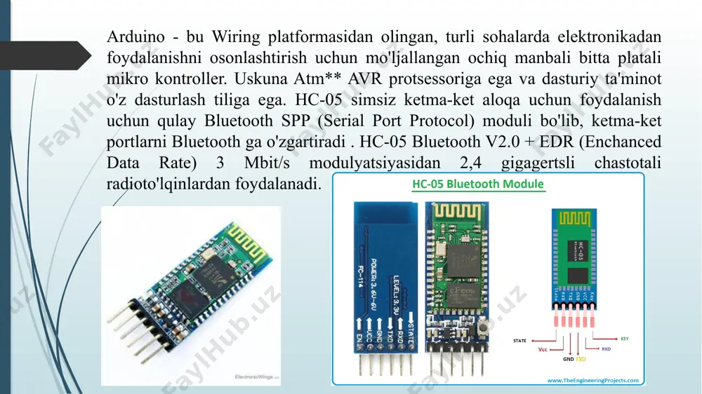 r uchta simga ega (uchta oyoq). rasmda ko'rsatilganidek, sensorga ir signal qabul qiluvchisi tomonidan qarasangiz, keyin chapda kontrollerga chiqish bo'ladi, markazda - salbiy quvvat kontakti (tuproq), va o'ngda - musbat quvvat kontakti (2,7 - 5,5v). ulanishning sxematik diagrammasi dastur iq sensorini ulab, biz arduino uno uchun dastur yozamiz. buning uchun biz standart kutubxonadan foydalanamiz irremote , iq signallarini qabul qilish va uzatish bilan ishlashni soddalashtirish uchun maxsus mo'ljallangan. ushbu kutubxonadan foydalanib, biz masofadan boshqarish pultidan buyruqlarni olamiz va boshlash uchun ularni ketma-ket port monitor oynasida ko'rsatish kifoya. ushbu dastur har bir tugma qanday kod berishini tushunishimiz uchun foydali bo'ladi. e’tiboringiz uchun rahmat! image4.jpeg image5.jpeg image6.png image7.jpeg image8.png image9.jpeg image10.png image11.jpeg image12.png image13.png image14.png image3.jpg /docprops/thumbnail.jpeg
