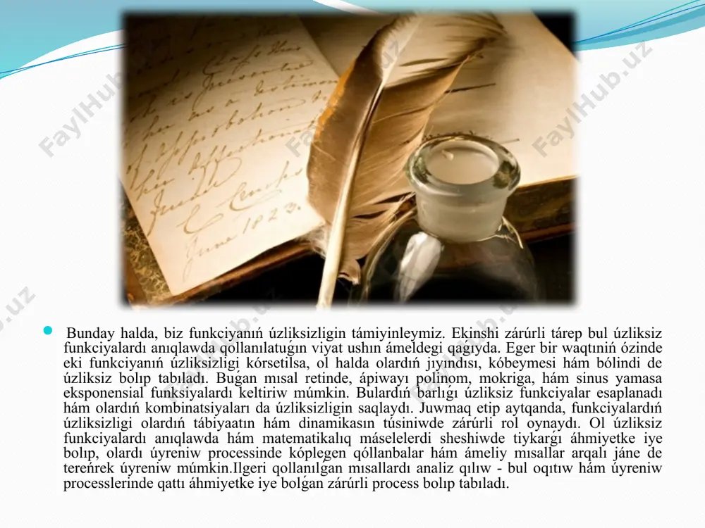 yda bir funksiya x= a noqatında úzliksiz bolsa, bul bolsa x= a noqatıdaǵı limit funksiya ma`nisine teń bolıwın kórsetedi. bul túsinik limitlar teoriyası járdeminde uyreniledi. limitlar, tiykarlanıp, qandayda bir funkciyanıń payda bolıwın yamasa joyılıwın anıqlaw ushın qollanıladı, atap aytqanda x ma`nisi a ga jaqınlasıwǵanda. limitlar matematikada kóplegen mashqalalardi tarqatıp alıwda zárúrli qural bolıp tabıladı. qandayda bir funksiya f (x) ni x= a noqatında limitining anıqlanıwı f (x) dıń x noqatı qasındaǵı bahaları arqalı orınlanadı. eger f (x) dıń x noqatıdaǵı bahaları a ga jaqınlasıwsa, bul halda limit ámeldegi dep esaplanadı. limitlamaning ámeldegi bolıwı mudamı úzliksizlikke alıp kelmeydi. mısalı, funksiya úzliksiz bóle turıp, sheksizlikke alıp keliwi múmkin. bunday jaǵdaylarda sheklewlerdiń bar ekenligi haqqındaǵı túsinik júdá zárúrli orın tutadı. basqa bir zárúrli tárep bolsa úzliksizlik turi bolıp tabıladı. stilistikalarına kóre, úzliksizlik túrleri tórt qıylı: birinshi túrde úzliksizlik, ekinshi túrde úzliksizlik, úshinshi túrde úzliksizlik hám tórtinshi túrde úzliksizlik. hár bir tur ayriqsha ayrıqshalıqlarǵa …