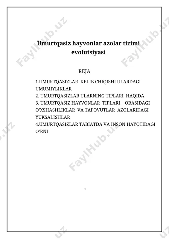 ularda o’simlarda mavjud belgilar harakatlar yashash muhiti, orgonoidlari bilan bir biriga o’xshaydi. biz bugungi iwimizda hayvonot olamining katta bolimlaridan biri bo’lgan umurtqasizlar tipi haqida malumot beramiz. bu bo’iim juda keng tarmoqli bolib qariyib yigirmadan ortiq tiplarni o’z ichiga oladi. ular bir biridan tubdan farq qiladiganorganizmlardan iborat. masalan bazi tiplari 1.euglenozoa tipi 2.volvokslar tipi 3.infuzoriyalar yoki kipriklilar tipi 4.spora hosil qluvchilar yani sporozoa tipi 5.g’ovaktanlilar porifira tip 6.bo’shliqichlilar [snidaria] tipi 7.yassi chuvalchanglar [platyhelmenthes] tipi 8. mollyuskalr tipi 9.halqali chuvalchanglar tipi 10.bo’g’imoyoqlilar tipi 11.ignatanlilar tipi so’z boshida umurtqasiz hayvonlarni kelib chiqishi haqida biroz so’z yurutishni lozim ko’rdim. negaki biz bilamizki barcha organizmlar kelib chiqishi umumiy bu qonuniyat meni fikrimcha albatta to’g’ri hayvonot olamini o’rganish jarayonida ularni bir biriga o’xshashliligini bir necha marotaba guvohi bo’dik. albatta bu juda to’g’ri shunday organizmlar borki ularda o’simlarda mavjud belgilar harakatlar yashash muhiti, orgonoidlari bilan bir biriga o’xshaydi. biz bugungi iwimizda hayvonot olamining katta bolimlaridan biri bo’lgan …