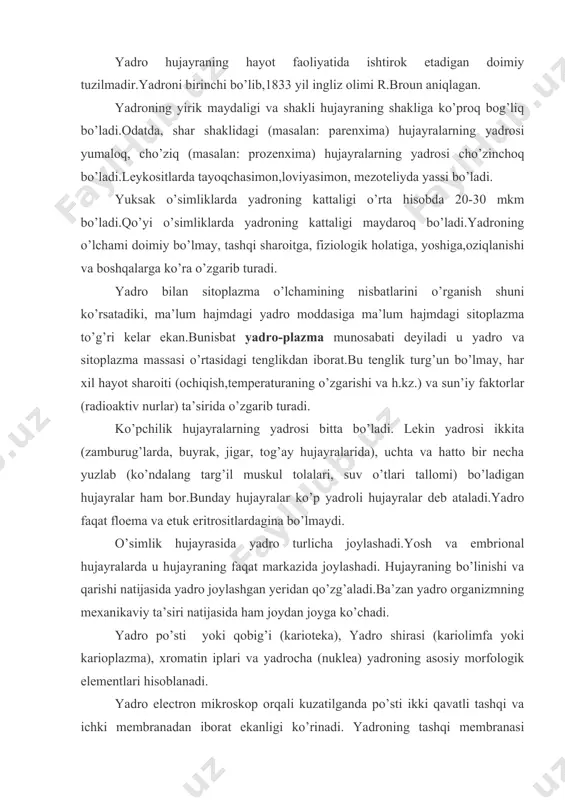 imfa yoki karioplazma), xromatin iplari va yadrocha (nuklea) yadroning asosiy morfologik elementlari hisoblanadi. yadro electron mikroskop orqali kuzatilganda po’sti ikki qavatli tashqi va ichki membranadan iborat ekanligi ko’rinadi. yadroning tashqi membranasi endoplazmatik to’r kanallarining davomi bo;lib,ular bilan bog’langan. yadro qobig’i yadroni sitoplazmadan ajratib turadi. ikki qavatli membranalar orasidagi bo’shliqqa perenuklear bo’shliq deb ataladi. perenuklear bo’shliq enxelema deb atalgan suyuqlik bilan to’lgan bo’ladi yadro po’sti ayrim joylarida murakkab tuzilishga ega bo’lgan tirqishlar (teshiklar)bo’lib,har birining diametri qariyib 100-300 a gat eng.ularning soni 12 mingga etadi.shu tirqishlar vositasida yadro bilan sitoplazma o’rtasida zich munosabat bog’langan.jumladan yadrodan sitoplazmaga i-rnk molekulalari,ribosomalarning sintezi uchun zarur bo’lgan rnk bo’laklari, sitoplazmadan yadroga esa oqsillar va boshqa yadro hayoti uchun zarur birikmalar o’tib turadi. kariolimfada maxsus bo’yoqlar bilan bo’yaladigan xromatin iplari va yadrocha joylashgan xromatin iplari hisobiga xromosomalar tiklanadi. xromosomalar xromatida deb atalgan bo’laklarga bo’lingan.har qaysi xromatida tarkibida ingichka ip shaklidagi xromonema joylashgan. xar xil tur organizm hujayralarida xromosomalar …