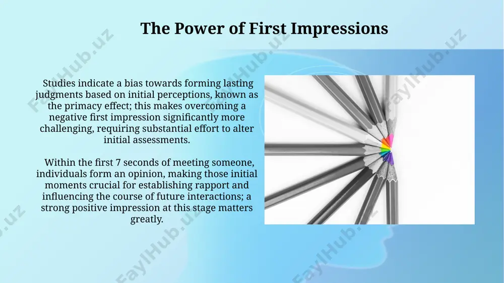 nt judgments, impacting approximately 70% of later assessments. the psychology of impressions confirmation bias reinforces initial impressions; we actively seek out and interpret information consistent with our pre-existing judgments, making it difficult to revise our opinions even with contradictory evidence. the halo effect biases our perception; a positive trait (e.g., attractiveness) can influence the perception of other, unrelated attributes, leading to a generally favorable impression despite limited information. the long-term effects of impressions studies show that even minor negative impressions, if unaddressed, can decrease referral rates by as much as 25% over a 12-month period, hindering organic growth and market penetration. positive first impressions, supported by consistent positive experiences, can foster up to a 70% increase in customer lifetime value, demonstrating the powerful long-term roi of meticulous brand management. impressions in the workplace building positive workplace impressions requires consistent effort, encompassing aspects like active listening (at least 70% attention), proactive …