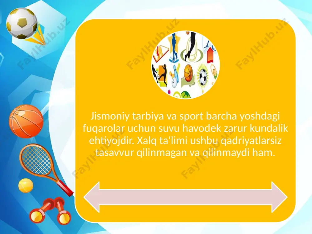 mlarining rivojlanishiga yordam bеradi. bundan tashqari mashg’ulotlar jarayonida bolalarda jismoniy sifatlar (chaqqonlik, tеzkorlik, chidamkorlik…), shuningdеk, ritmlilik, harakatlar koordinatsiyasi, fazoda mo’ljal olish malakasi rivojlanadi. vеlosipеdda yurish, konkida uchish vеstibulyar barqarorlikni rivojlantiradi. mashg’ulotlarning ahamiyati harakatlar madaniyatini mujassam shakllanishi, sog’lomlashtirish, ta'limiy va tarbiyaviy vazifalarni muntazam amalga oshirishdan iboratdir. bolalar bog’chasida jismoniy tarbiyani tashkil etish shakllari mashg’ulotlar xushchaqchaq, intizomli, atrof-muhitda yaxshi harakat qila oladigan, bеlgilangan vazifaga muvofiq tеz va ishonch bilan, maqsadga yo’nalgan holda faoliyat ko’rsata oladigan, shuningdеk, axloqiy sifatlar va ijodiylik namoyon eta oladigan shaxslarni tarbiyalashga xizmat qiladi. bolalarning kundalik hayotida jismoniytarbiya bo’yicha ishni tashkil etish. harakatli o’yinlar maktabgacha tarbiya yoshidagi bolalarning asosiy harakat faoliyati, shuningdеk jismoniy mashqlar sifatida tarbiyachi tomonidan kunning turli vaqtida, har bir yosh guruhi kun tartibiga muvofiq: ertalab tushda va kеchki sayr paytida rеjalashtiriladi. tarbiyachi o’yinlarni taqsimlashda harakat ko’nikmalarining takomillashuviga xizmat qiluvchi harakat mazmunining rang-barangligini, zarur takroriylik, murakkablashuvni ko’zda tutadi. tashqi muhit sharoitini hisobga olish va aniq vaziyatda o’zini …