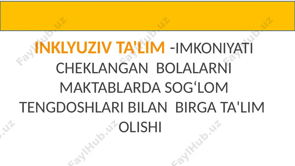 a jalb etiladigan o‘quvchilar inklyuziv ta'limga jalb etiladigan o‘quvchilar: bugungi kunda umumta'lim maktablarida qaysi toifadagi bolalar tahsil olayotganini ko‘rib chiqamiz: eshitishida, ko‘rishida, tayanch harakat a'zolarida, nutqida muammolari bo‘lgan, ruhiy rivojlanishi sustlashgan, yengil darajadagi aqli zaiflik, autizmning yengil darajasi, koxlear implantli bolalar. respublikada 5 viloyat 15 maktab 800 nafar bola jalb etilgan xalq ta'limi vazirligi, bolalar ijtimoiy moslashuv markazi hamda yevropa ittifoqi hamkorligida, 2014 yil mart oyidan boshlab, respublikaning 5 ta viloyatining 15 ta maktabida “inklyuziv ta'lim” loyihasi amalga oshirilgan va bugungi kunda loyiha doirasida 800 nafardan ortiq bolalar inklyuziv sinflarda tahsil olmoqdalar. inklyuziv ta'lim quyidagi xududlarda tashkil etilgan: . toshkent shahar shayxontohur tumani (324-maktab (resurs markaz), 34-,85-maktablar); namangan viloyati namangan shahri (11-maktab (resurs markaz), 5-, 28-maktablar); samarqand viloyati samarqand shahar (17-maktab (resurs markaz), 13-, 35-, 45-maktablar); xorazm viloyati urganch shahar (10-maktab (resurs markaz), 8-, 22-maktablar); surxondaryo viloyati termiz shahar (3-maktab (resurs markaz), 4-, 10-maktablar). 14 inklyuziv ta'lim imkoniyati cheklangan bolalarga …