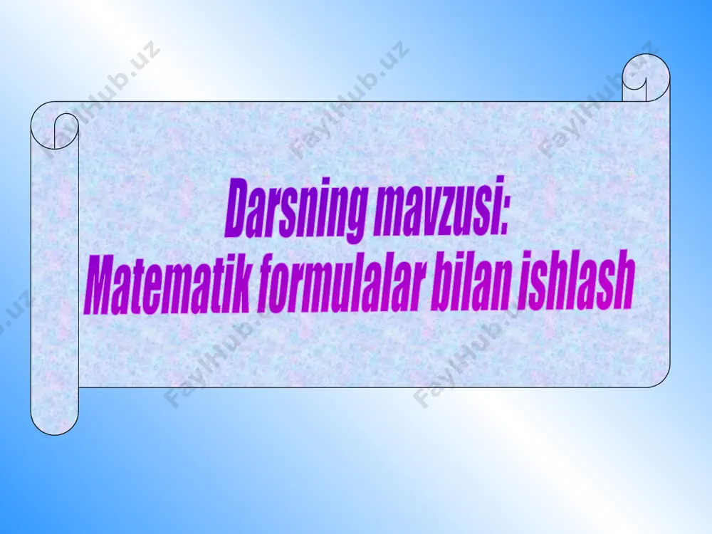 ,m8,m9,m10 katakchalarga mos ravishda l7*100/$l$6, l8*100/$l$6,l9*100/$l$6, l10*100/$l$6 kabi joylashadi. bu yerda, $l$6- absolyut adres bo’lib,umumiy ball joylashgan katakchadir. y=2x+19 funksiyasi qiymatlarini x ning -5dan 21gacha bolgan toq qiymatlarida hisoblang. 2-misol a)yurgichni b1 katakchaga joylashtiramiz;b)tahrir (правка)meynyusining to’ldirish(заполнить) bo’limidan progressiya(прогрессия) bolimini tanlaymiz; d)progressiya tanlov oynasida to’ldirish qadamini 2, chegaraviy qiymatni 21 kabi yozamiz.e) ok tugmasini tanlaymiz mustahkamlash uchun. har ikkita to’g’ri javob bir ball bilan baholanadi. 1 i 2 n 3 f 4 o 5 r 6 m 7 a 8 t 9 i 10 k 11 a topshiriqlar 1. grafik muharrir 2. qog’ozga chop etish qurilmasi 3. o’z nomiga ega ma’lumotlar sohasi 4. operatsion sistema. 5. informatika fanining bosh termini. 6. telefon tarmog’i orqali boshqa kompyuter bilan ma’lumot almashtiruvchi qurilma 7. kompyuterga matnli yoki tasvirli ma’lumotlarni kirituvchi qurilma 8. kompyuter “miya”si 9. birinchi ehm 10. bu yerda qanday so’z kodlangan?(..-.. .-.. ..-.. -.- - .-. --- -.) 11.axborot o’lchov birligi. darsni …