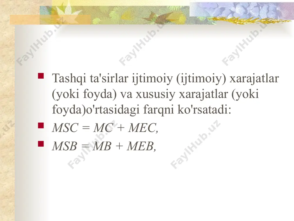 vchilarni qo'llab-quvvatlashning salbiy tashqi ta'sirini ishlab chiqarish uchun sanktsiya joriy etish orqali aralash tovarlarning maqbul hajmini ishlab chiqarishga ko'maklashish 3. shuningdek, tashqi ta'sirlarni ishlab chiqarishga egalik huquqini ta'minlash, jamoat tovarlarining maqbul hajmini ishlab chiqarish, 4. bozor bitimlari natijalariga ta'sir etuvchi omillar to 'g'risida ishonchli ma' lumotlarni tarqatishga ko ' maklashish. e'tiboringiz uchun tashakkur! image3.png image4.wmf image5.png image6.wmf image7.wmf image8.wmf image9.png image1.jpeg image2.png