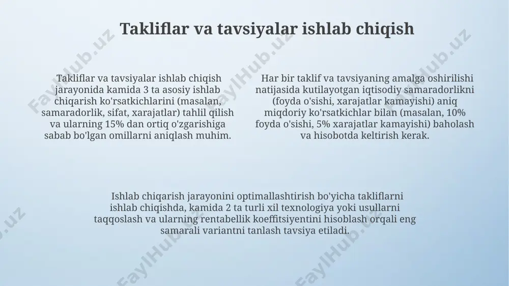 molar mavjudligini ko'rsatadi va chuqurroq tahlil talab qiladi. sifatni boshqarish tizimining samaradorligi mahsulot sifatini nazorat qilish boʻyicha 7 ta asosiy koʻrsatkichni tahlil qilish natijalariga koʻra, sifatni boshqarish tizimining samaradorligini baholash mumkin va 90% dan yuqori koʻrsatkichlar yuqori samaradorlikni bildiradi. auditing jarayonida aniqlangan 3 ta asosiy kamchilikni bartaraf etish orqali sifatni boshqarish tizimining samaradorligi 15% ga oshirilishi mumkin, bu esa daromadning ortishiga olib keladi. sifatni boshqarish tizimining samaradorligi mahsulot nuqsonlarining 5% dan kam boʻlishini taʼminlaydi, bu esa ishlab chiqarish xarajatlarini 10% ga kamaytiradi va mijozlar qoniqishini 80% ga oshiradi. xavfsizlik va mehnat muhofazasi auditini o'tkazish xodimlarni o'qitish dasturlarini tahlil qilishda, kamida 2 soatlik amaliy mashg'ulotlar va yillik 1 martadan kam bo'lmagan qayta tayyorlash kurslari mavjudligi tekshiriladi. ish joylarida kamida 3 ta xavfsizlik vositalarining mavjudligini va ularning to'g'ri ishlatilishi tekshiriladi, bu esa 5% dan ortiq xatolikka yo'l qo'ymaslikni ta'minlaydi. baxtsiz hodisalar statistikasi va ularni tahlil qilish natijalari asosida, xavfsizlik ko'rsatkichlari va ishlab …