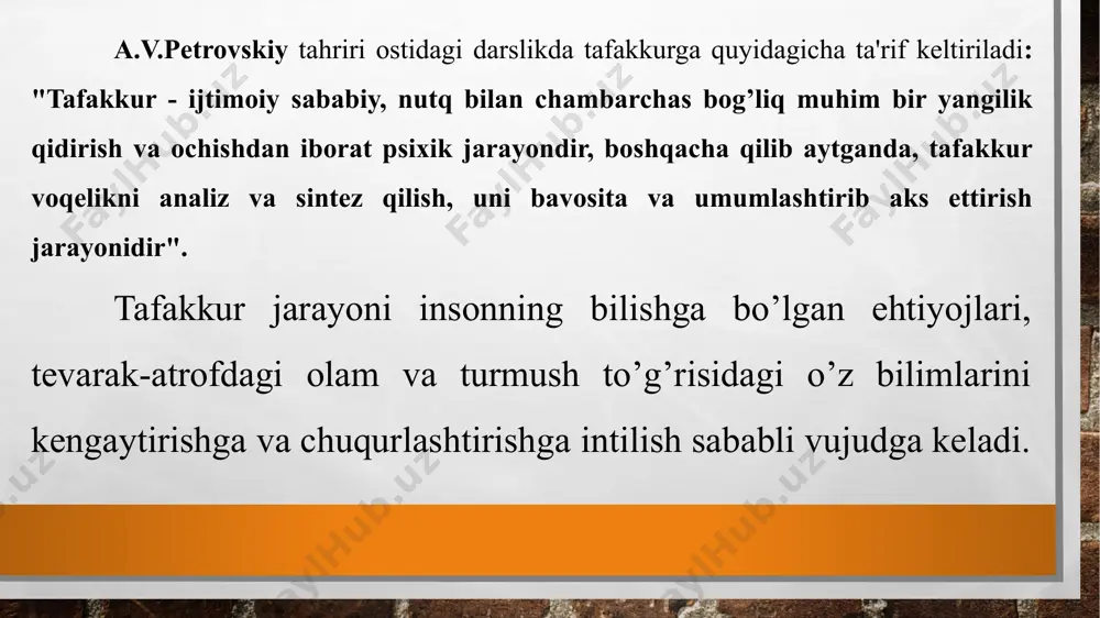 larning, narsa va hodisalarning qismlari va bo’laklarini bir butun qilib hishdan iborat taqqoslash - bu operasiya vositasi bilan ob'ektiv dunyodagi narsa va hodisalarning bir-biriga o’xshashligi va bir-biridan farqi aniqlanadi. taqqoslash operasiyasi ikki xil yo’l bilan amalga oshishi mumkin: amaliy aniq narsalarni bevosita solishtirish va nazariy tasavvur qilinayotgan obrazlarni va narsalarni ongda fikran taqqoslash. inson olayotgan keng ko’lamdagi axborotlar farqini fikran taqqoslash yordamida anglab yetadi. jumladan, o’quvchilar dilda o’ylayotgan narsalarni fikran solishtirib ko’radilar. ba'zan turli yoshdagi kishilar o’z tengdoshlari xarakterida, qiziqishida, yurish turishida, muomalasida va boshqa xususiyatida o’xshashlik va tafovut borligini topadilar. umumlashtirish - tafakkurda aks etgan bir turkum narsalarning, o’xshash muhim belgilarning shu narsalar to’g’risidagi bitta tushuncha qilib, fikrda birlashtirish demakdir. psixologlar bu jarayonni turlicha talqin qiladilar, goho uni guruhlarga bo’lib o’rganadilar. umumlashtirishning keng qo’llaniladigan ikki turi: tushunchali umumlashtirish va hisssiy-konkret umumlashtirish yuzasidan ko’proq fikr yuritiladi. tushunchali umumlashtirishda predmetlar ob'ektiv muhim belgi asosida umumlashtiriladi. hissiy-konkret umumlashtirishda esa predmetlar topshiriq talabiga …